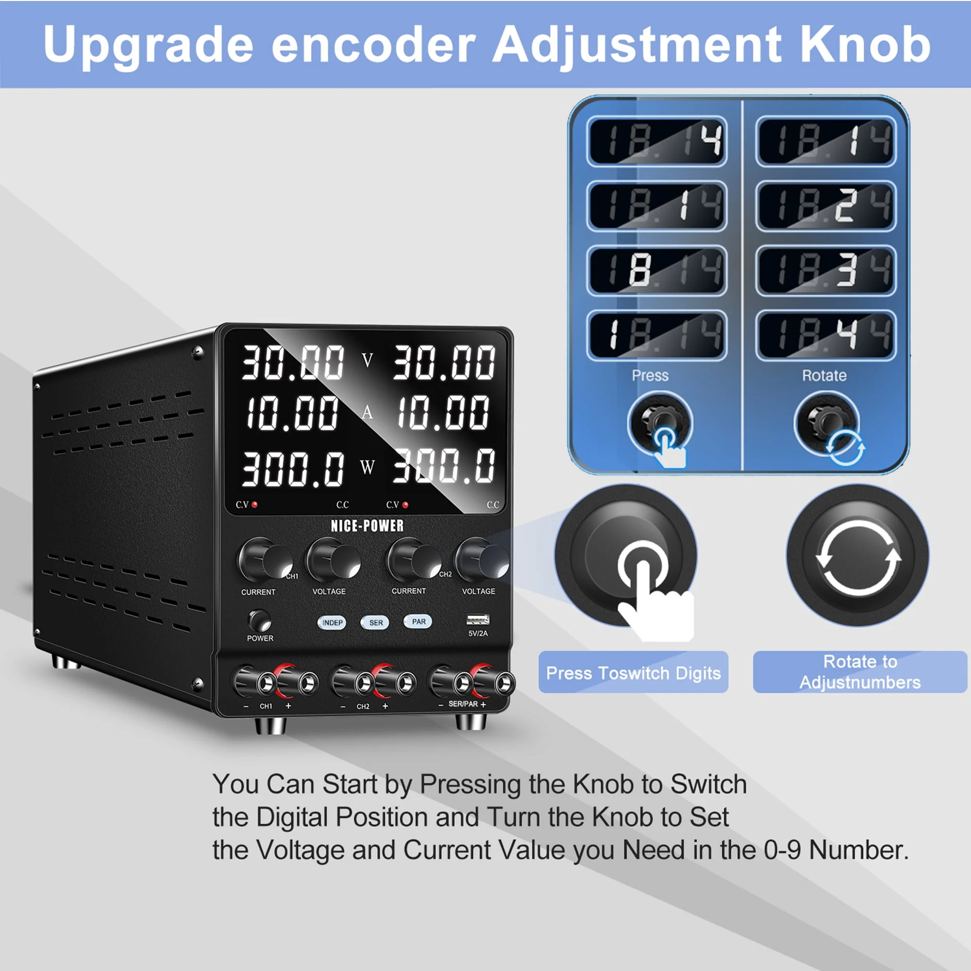 NICE-POWER SPS3010-2KD Dual DC Power Supply, 4-in-1 Variable Output, 30V 10A Independent, 60V 10A Series, 30V 20A Parallel, High Precision Digital Display, Metal Compact Design - Image 5