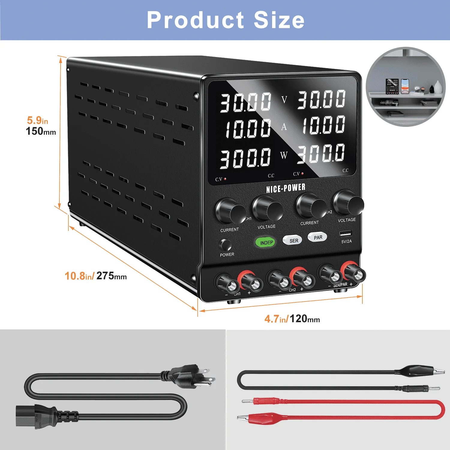 NICE-POWER SPS3010-2KD Dual DC Power Supply, 4-in-1 Variable Output, 30V 10A Independent, 60V 10A Series, 30V 20A Parallel, High Precision Digital Display, Metal Compact Design - Image 6