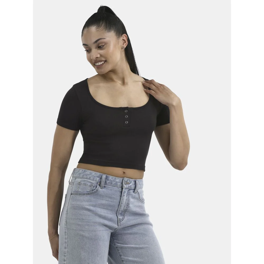 No Boundaries Seamless Scoop Henley Tee, Slim Fit, Black Soot, Women's