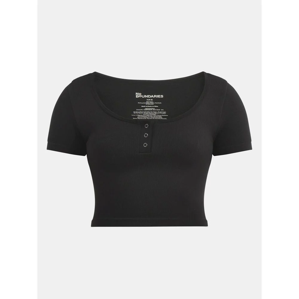 No Boundaries Women's Seamless Scoop Henley Tee, Slim Fit, Black Soot, Short Sleeve, Cropped Hem - Image 5