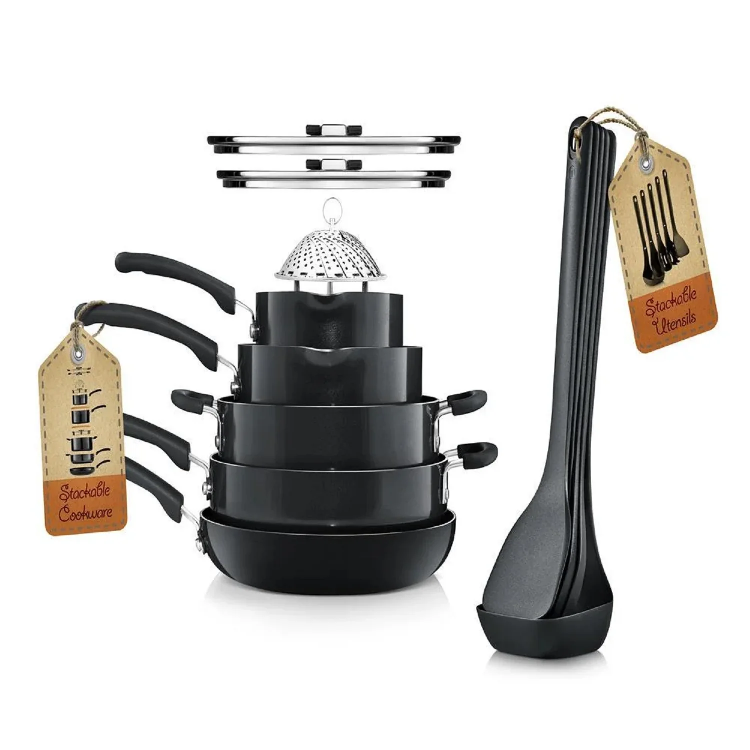 NutriChef NCCWSTKBLK Kitchenware 17 Piece Non-Stick Cookware Set, Black - Image 2