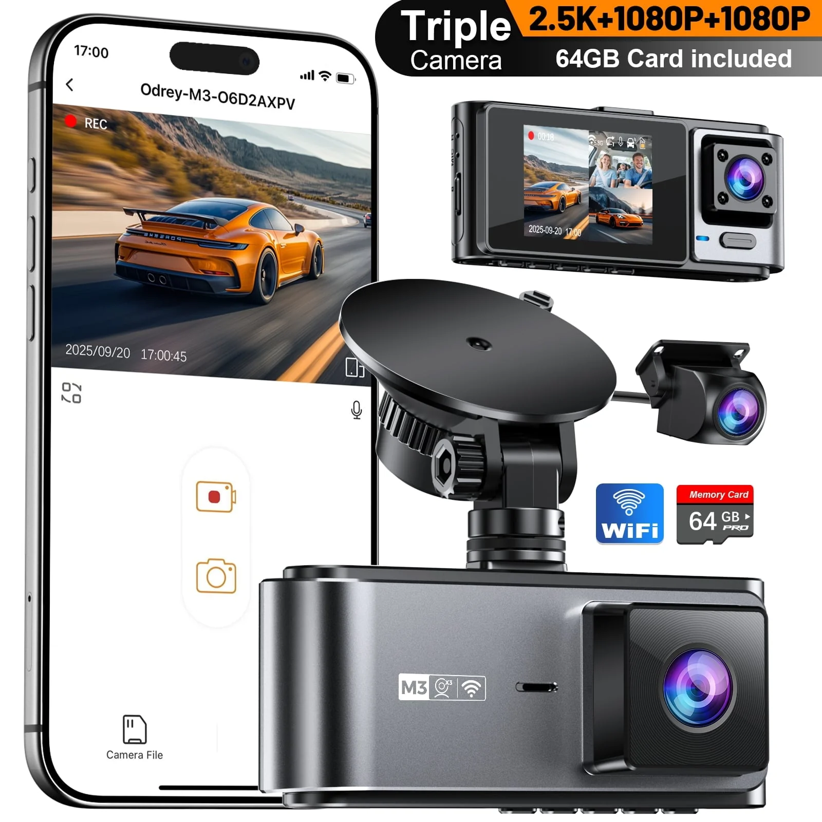 Odrey 3 Channel 5.8G WiFi Dash Cam Front and Rear Inside, 2.5K+1080P+1080P Dashcam - Triple Recording Clarity