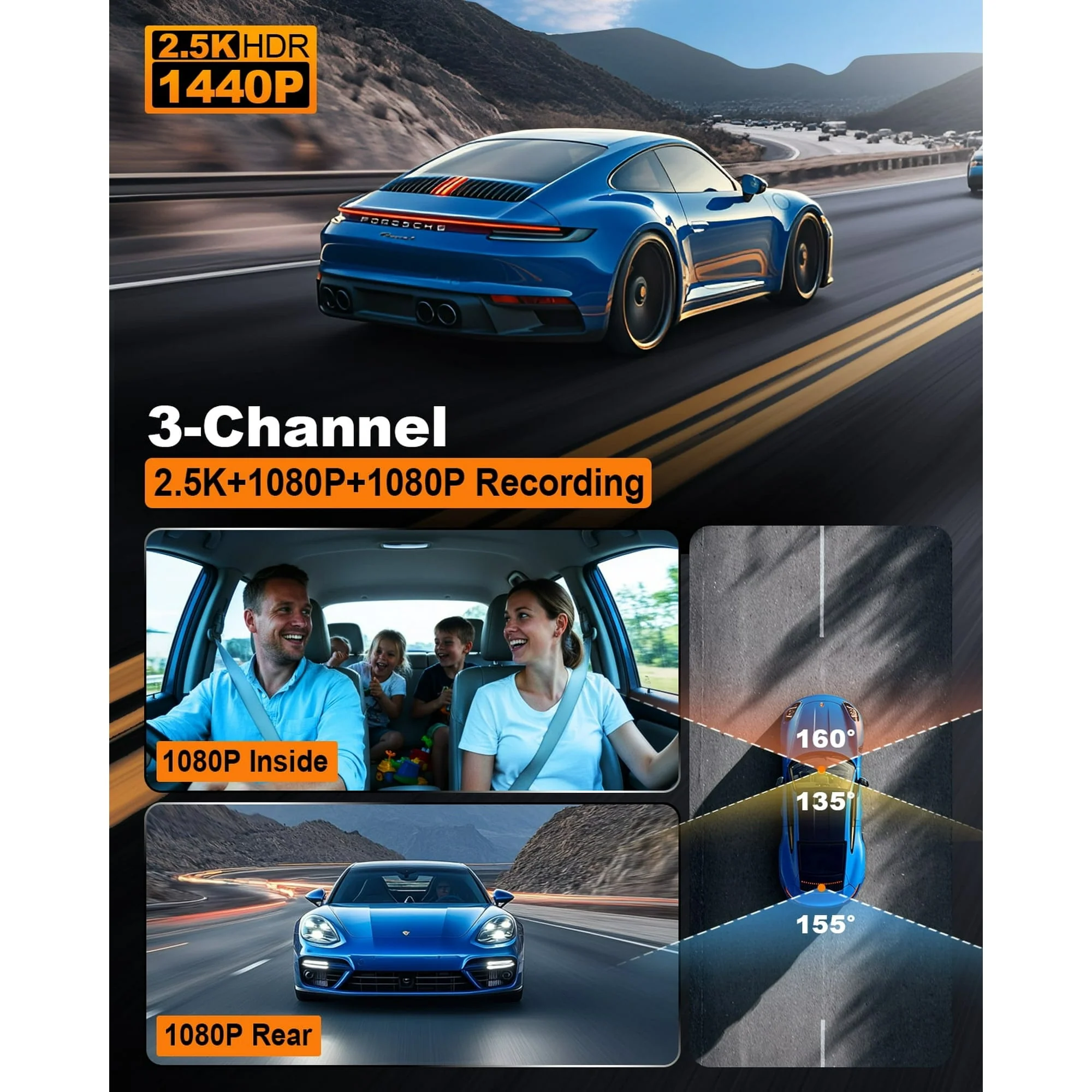 Odrey 3 Channel 5.8G WiFi Dash Cam Front and Rear Inside, 2.5K+1080P+1080P Dashcam - Triple Recording Clarity - Image 3