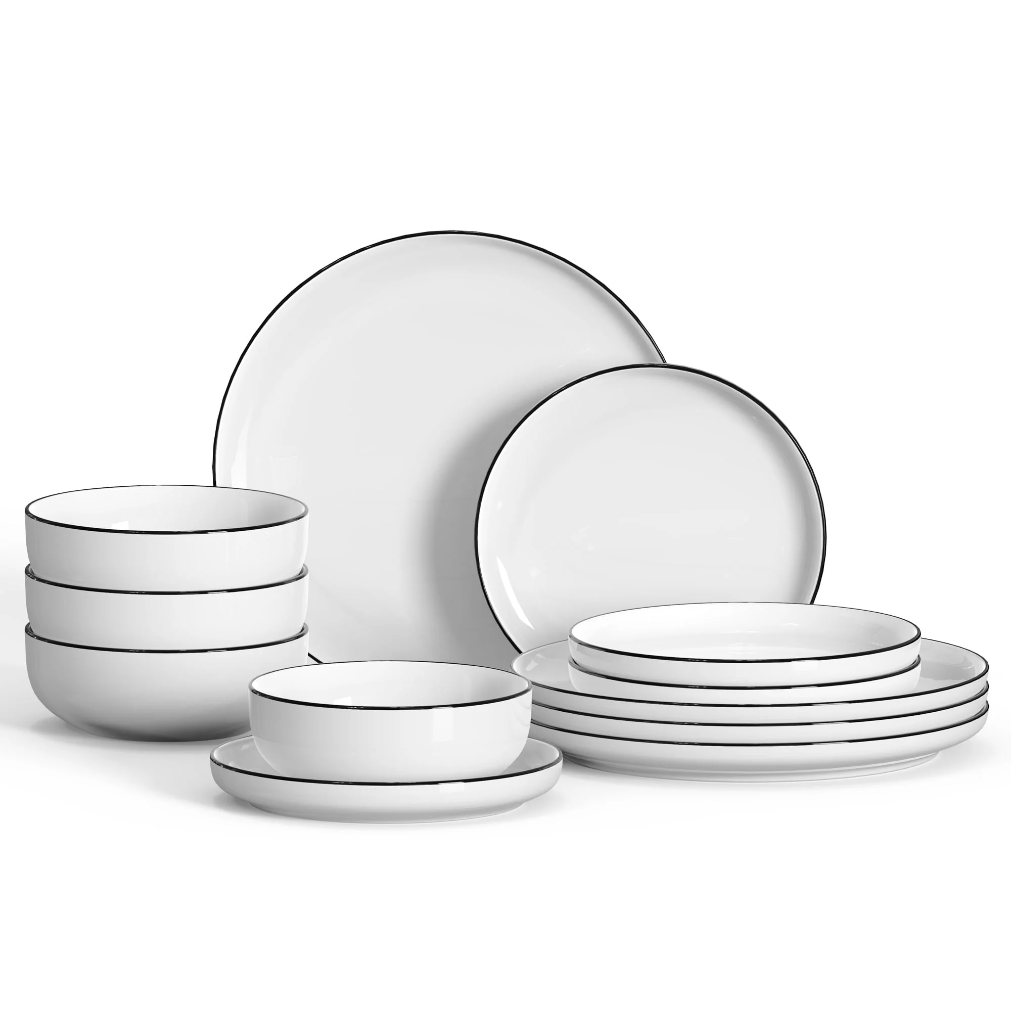 Ollieroo Porcelain Dinnerware Set, 12-Piece Handmade Ceramic Dish Set with Black Rim, Microwave and Dishwasher Safe, Stackable, for 4