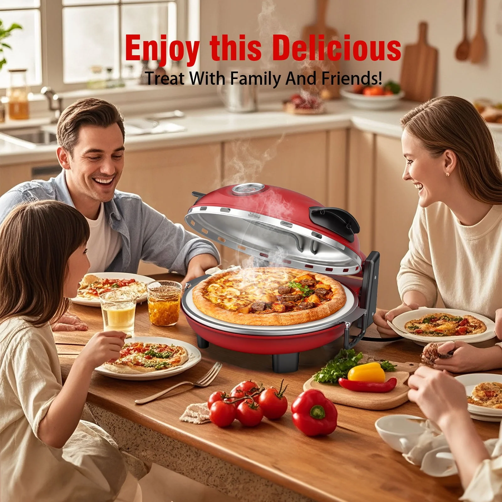 ONSON 12-Inch Countertop Pizza Oven with Removable Ceramic Stone, Heats up to 800F, Independent Top and Bottom Controls, Red - Image 4