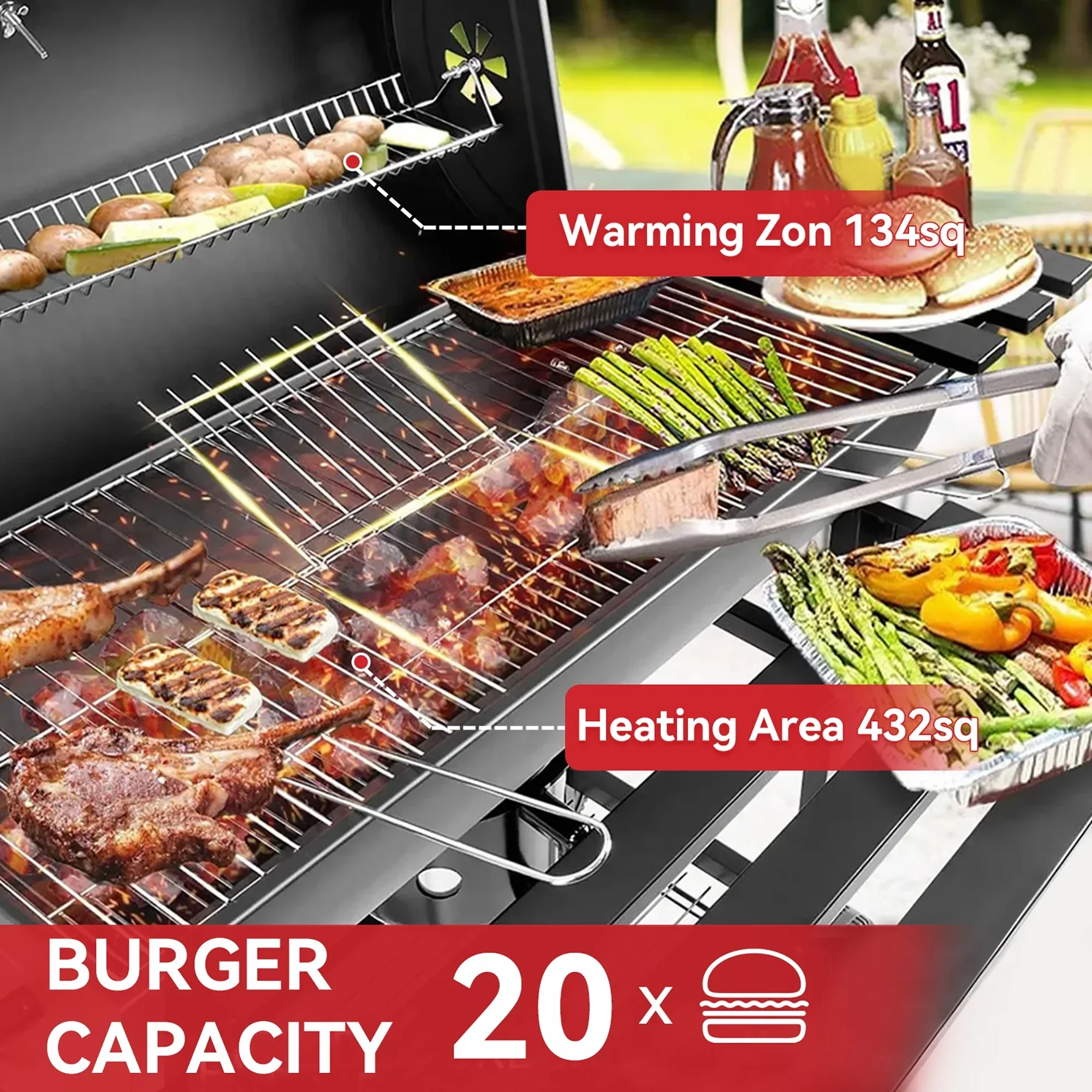 ORFELD Barbecue Grill Portable Charcoal Grill with 2 Foldable Side Tables, Outdoor BBQ with Bottom Storage Shelf - Image 2