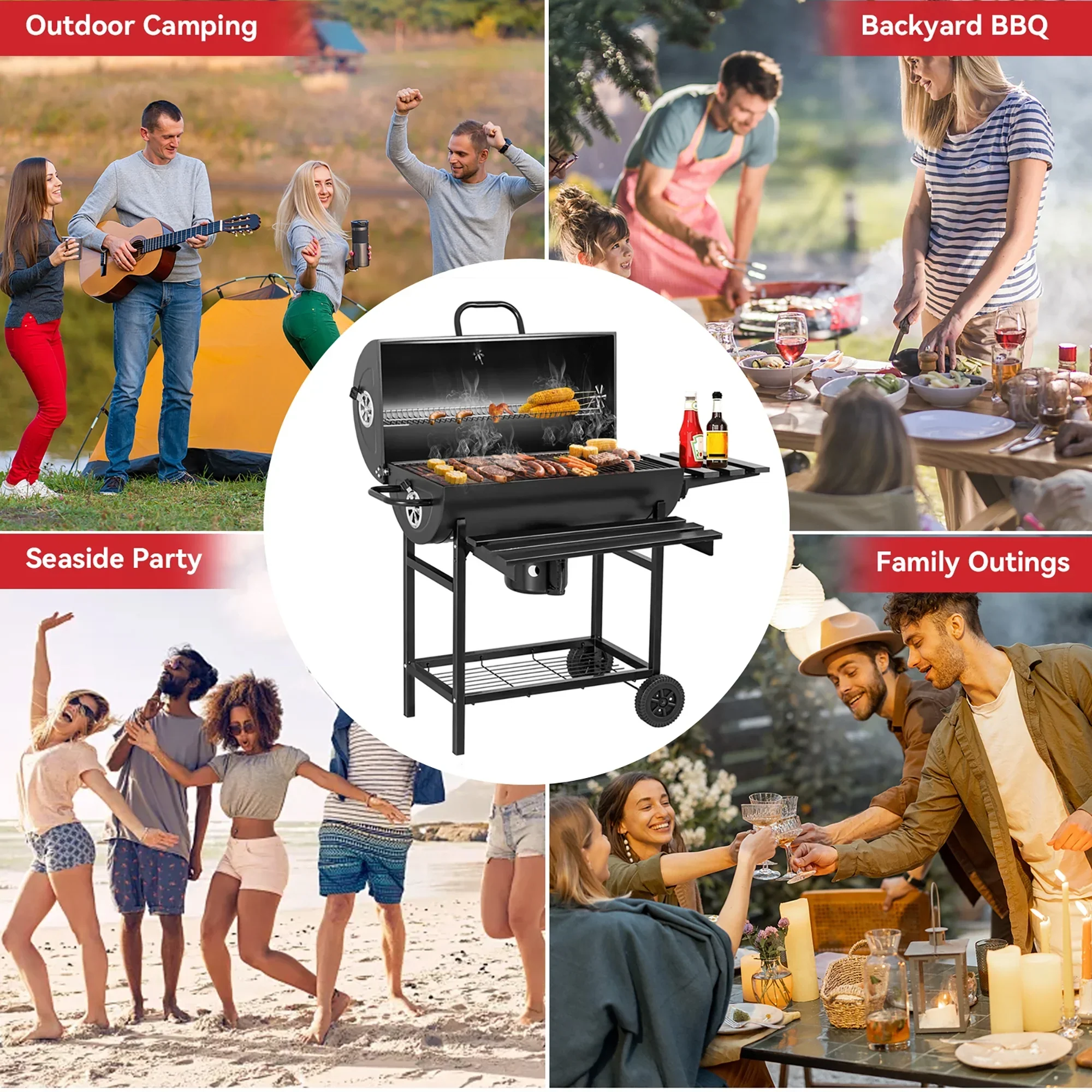 ORFELD Barbecue Grill Portable Charcoal Grill with 2 Foldable Side Tables, Outdoor BBQ with Bottom Storage Shelf - Image 3