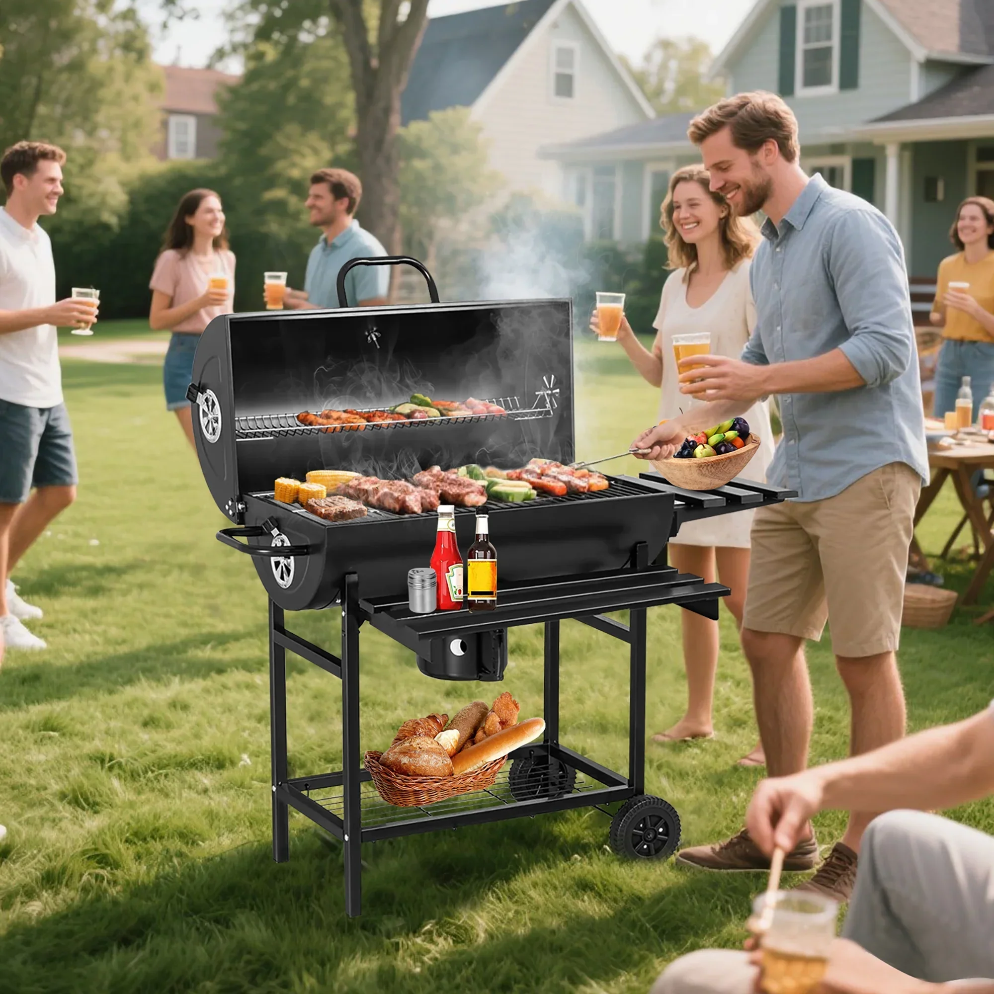ORFELD Barbecue Grill Portable Charcoal Grill with 2 Foldable Side Tables, Outdoor BBQ with Bottom Storage Shelf - Image 4