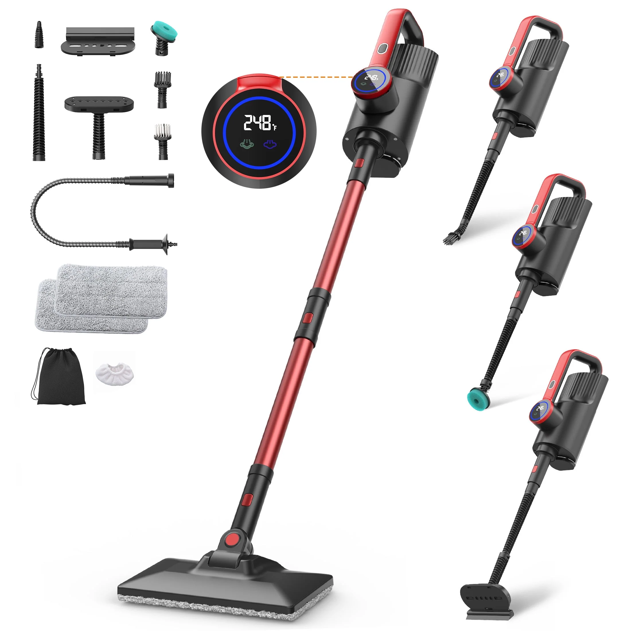 ORFELD Digital Steam Mop with Detachable Handheld Cleaner, 15s Heat-Up, 248F Steam, Multi-Purpose Attachments, Red