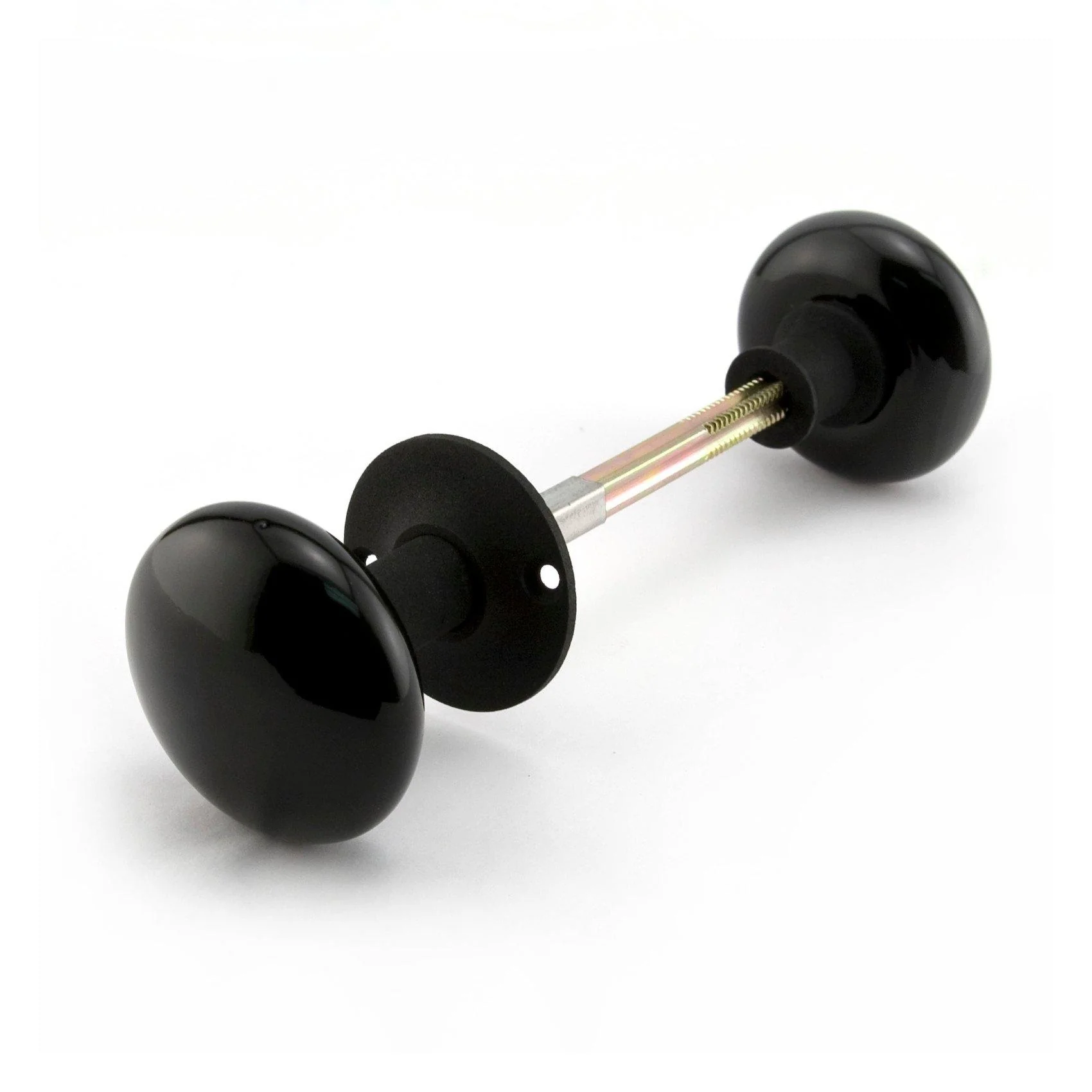Pair of Black Ceramic Doorknobs for Rim Locks - Iron Shanks - Black Powder Coat