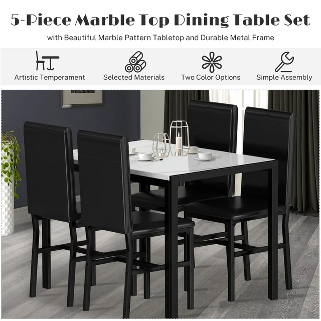 Paproos J457 Modern 5-Piece Kitchen Table Set w/Faux Marble Top & Leather Upholstery Chairs, Style A, Black+White - Image 2