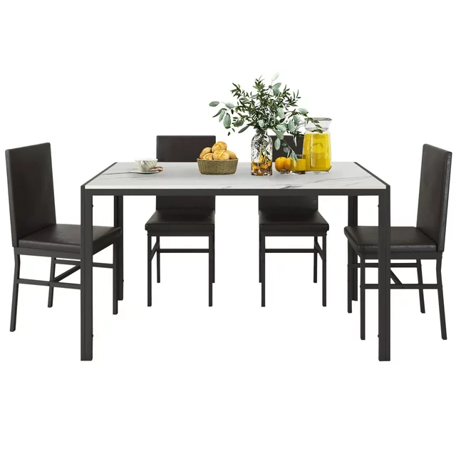 Paproos J457 Modern 5-Piece Kitchen Table Set w/Faux Marble Top & Leather Upholstery Chairs, Style A, Black+White - Image 3