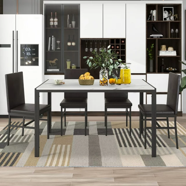 Paproos J457 Modern 5-Piece Kitchen Table Set w/Faux Marble Top & Leather Upholstery Chairs, Style A, Black+White - Image 4