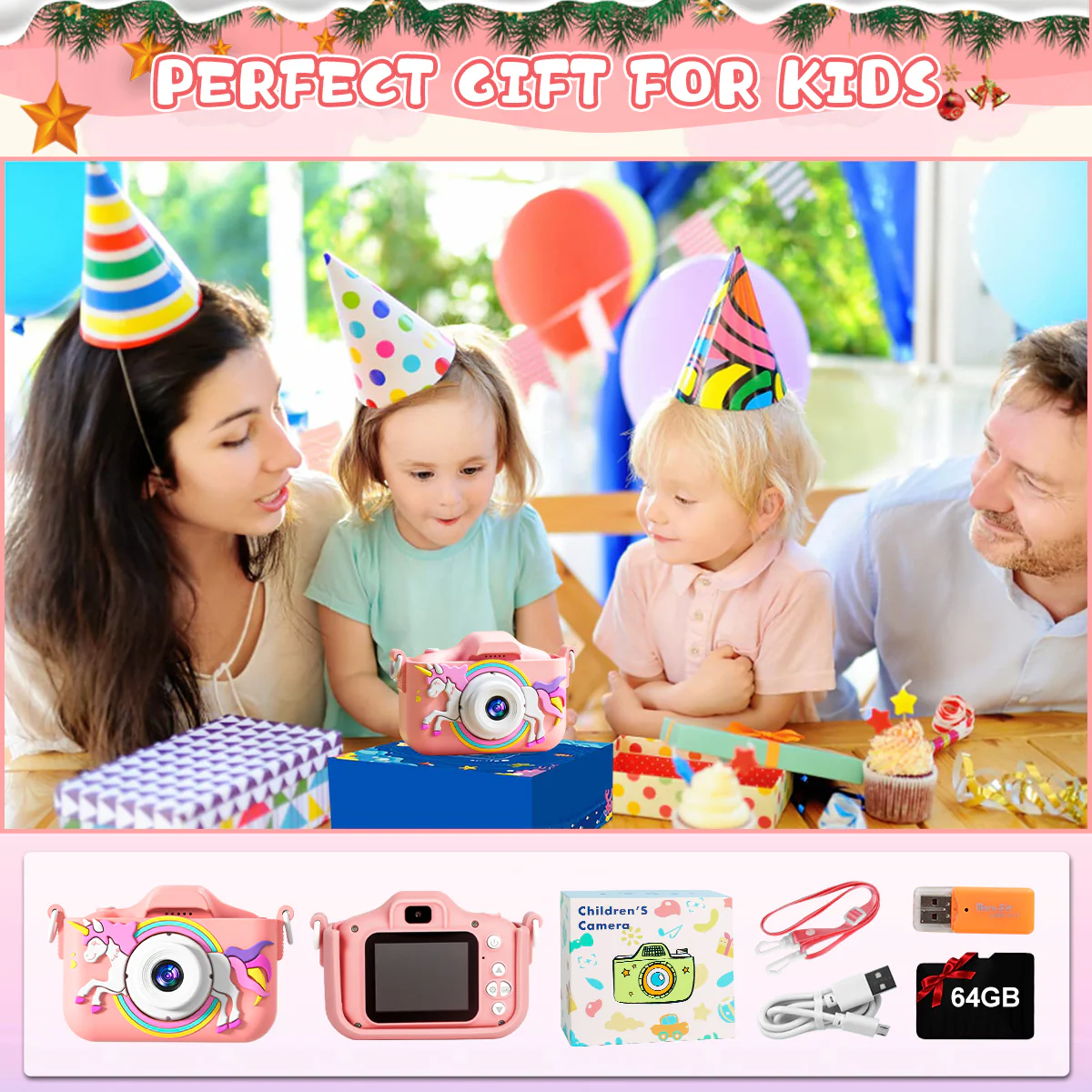 PayUSD ETZXJ0003 Unicorn/Dolphin 1080HD 96MPX Video Camera for Kids with 64GB SD Card, Blue/Pink 96MP - Image 2