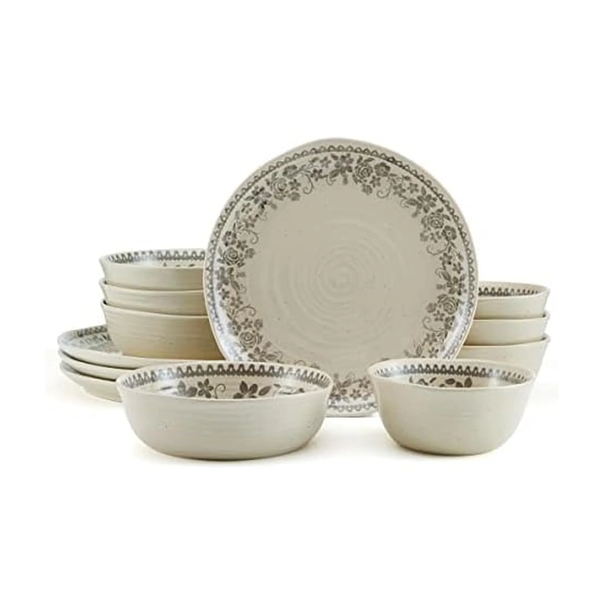 Pfaltzgraff Hayden 12-Piece Dinnerware Set, Gray Floral Border, Stoneware, Service for 4