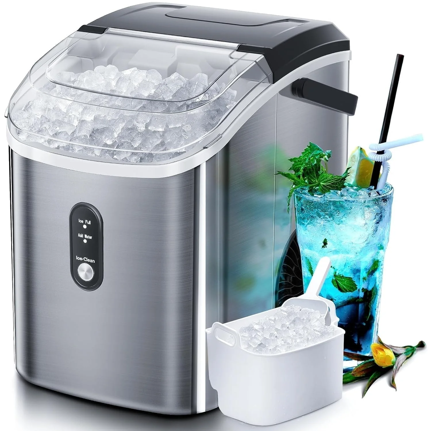 Philergo Nugget Countertop Ice Maker, Portable Pellet Ice Machine, 35 lb Daily Capacity, Self-Cleaning, Stainless Steel, Black, IM17XB-NUGGET