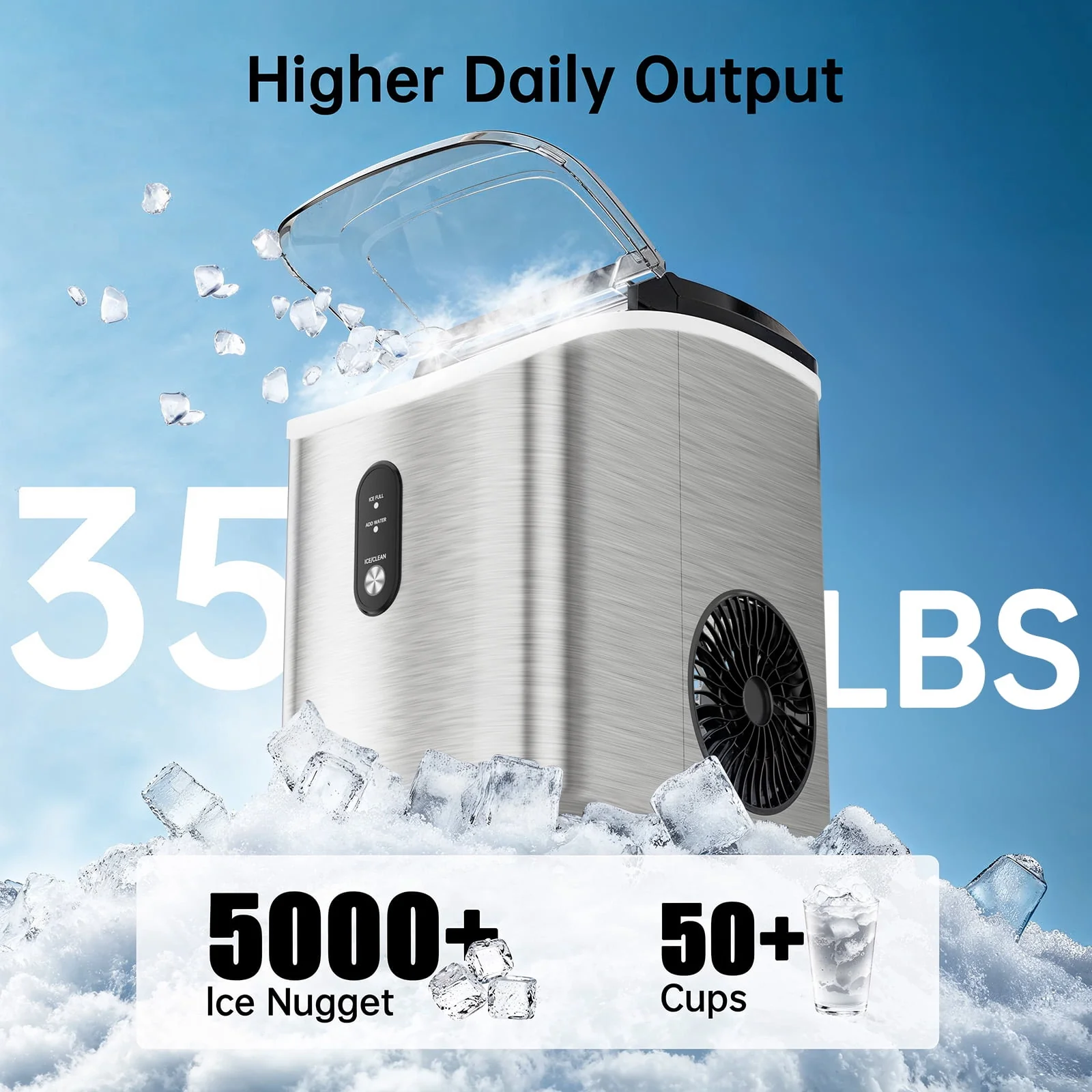 Philergo Nugget Countertop Ice Maker, Portable Pellet Ice Machine, 35 lb Daily Capacity, Self-Cleaning, Stainless Steel, Black, IM17XB-NUGGET - Image 2