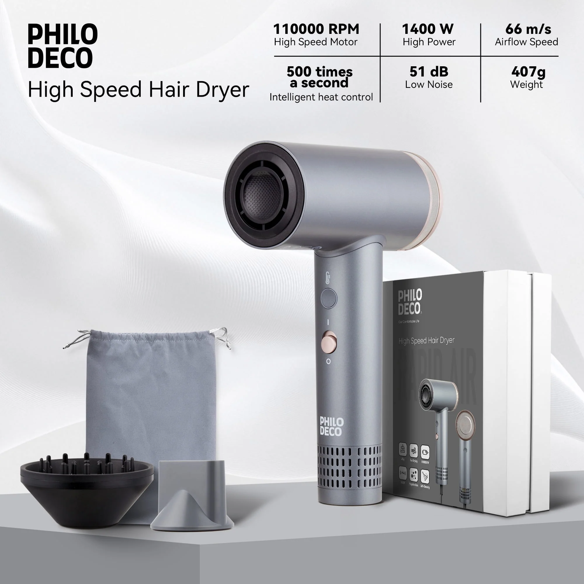 PhiloDeco YJ-710A Ionic Hair Dryer, 1400W, 110000 RPM Motor, 500 Million Negative Ions, Fast-Drying with Diffuser & Nozzle, Lightweight Gray - Image 4