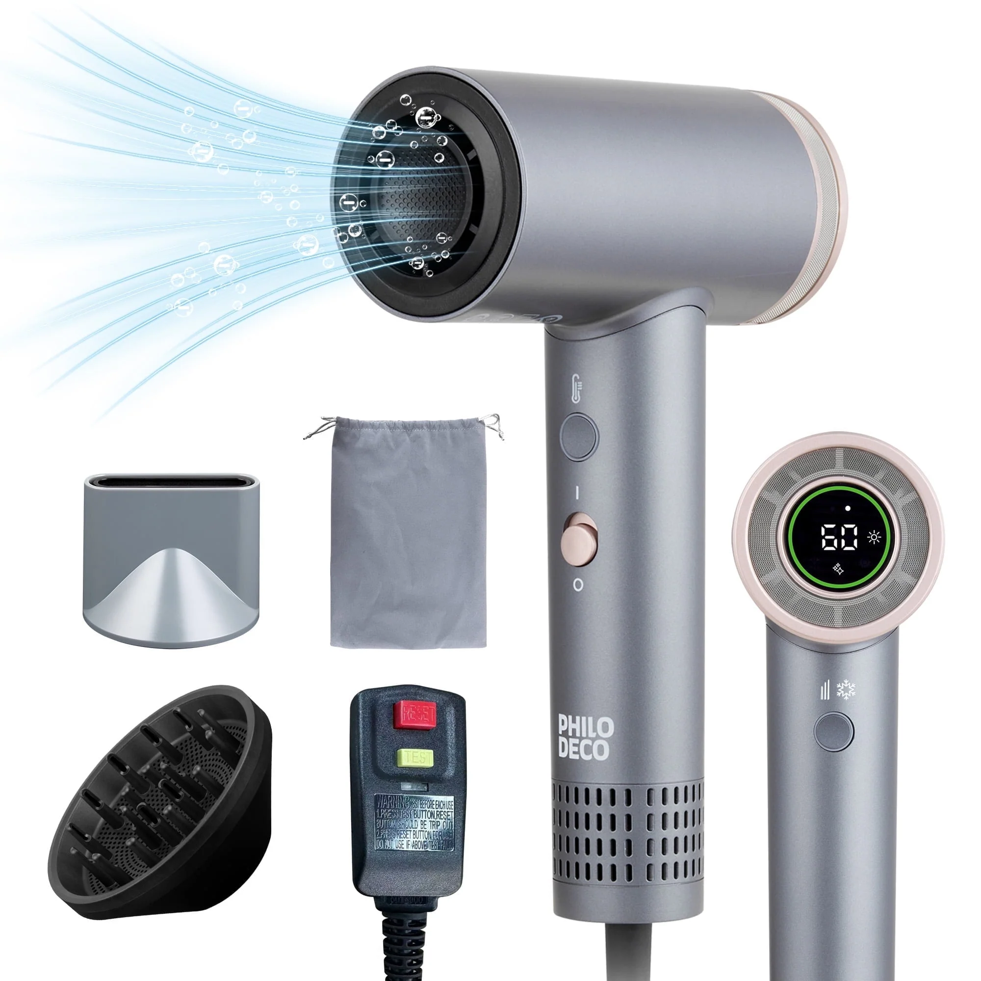 PhiloDeco YJ-710 Ionic Hair Dryer with 1400W High-Speed 110000RPM Motor, Gray