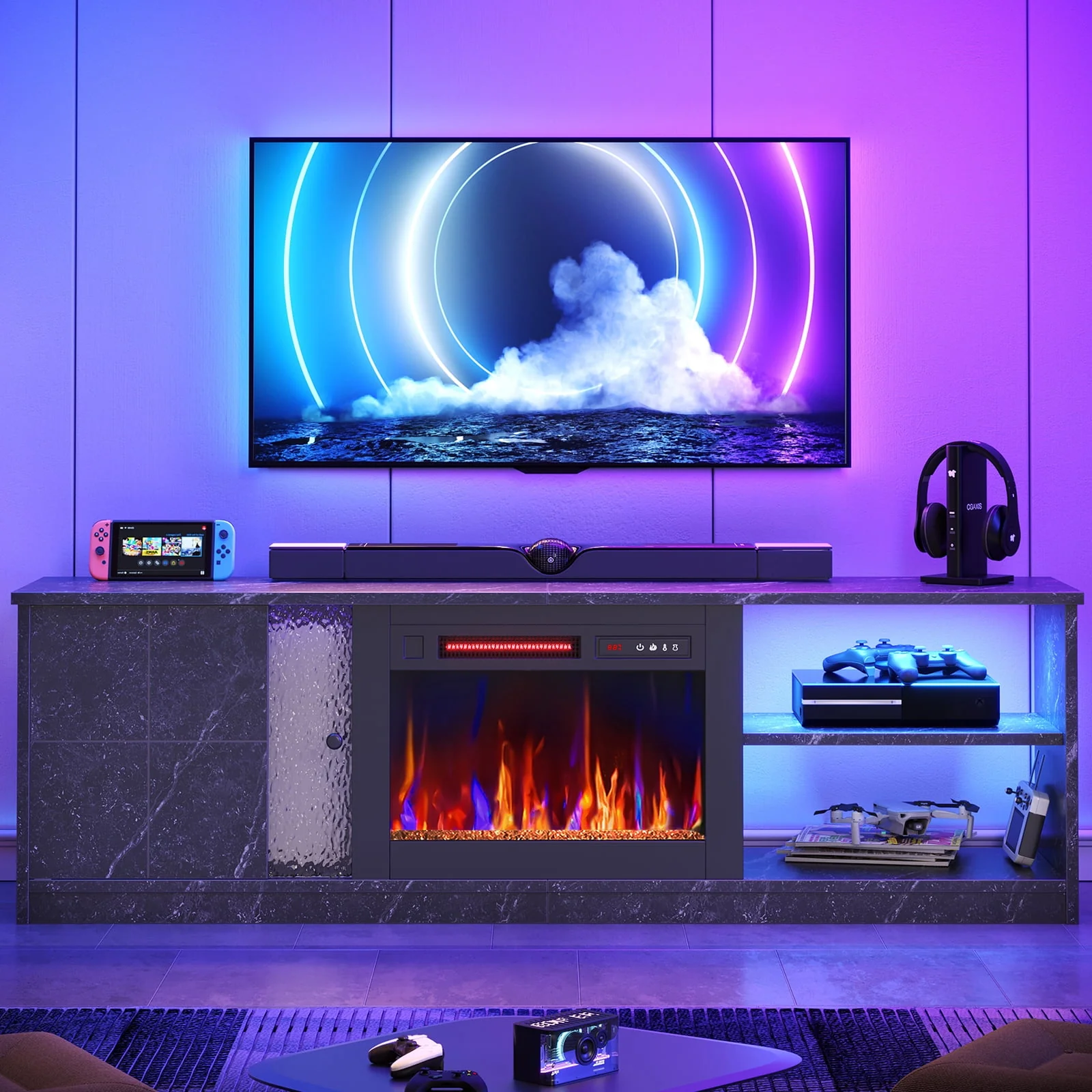 Pinmoco Electric Fireplace TV Stand for TVs up to 70", LED Entertainment Center With Cabinet & Shelves, White Marble