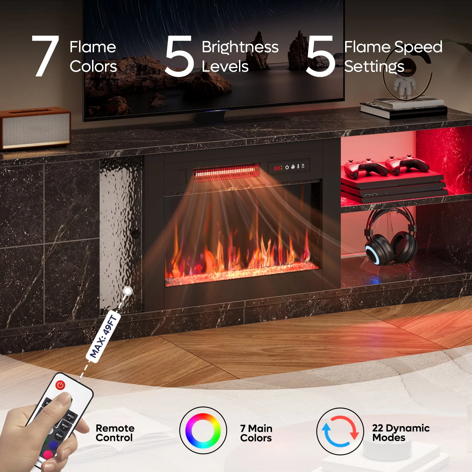 Pinmoco Electric Fireplace TV Stand for TVs up to 70", LED Entertainment Center With Cabinet & Shelves, White Marble - Image 3