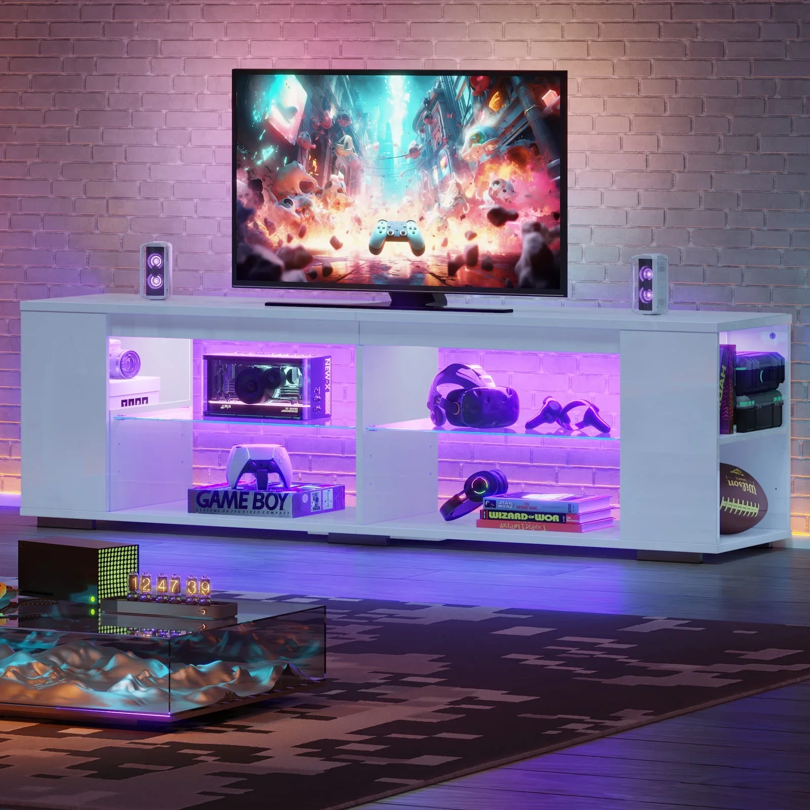 Pinmoco L103880Y-BWHT LED TV Stand with Side Bookshelf, White - Image 2