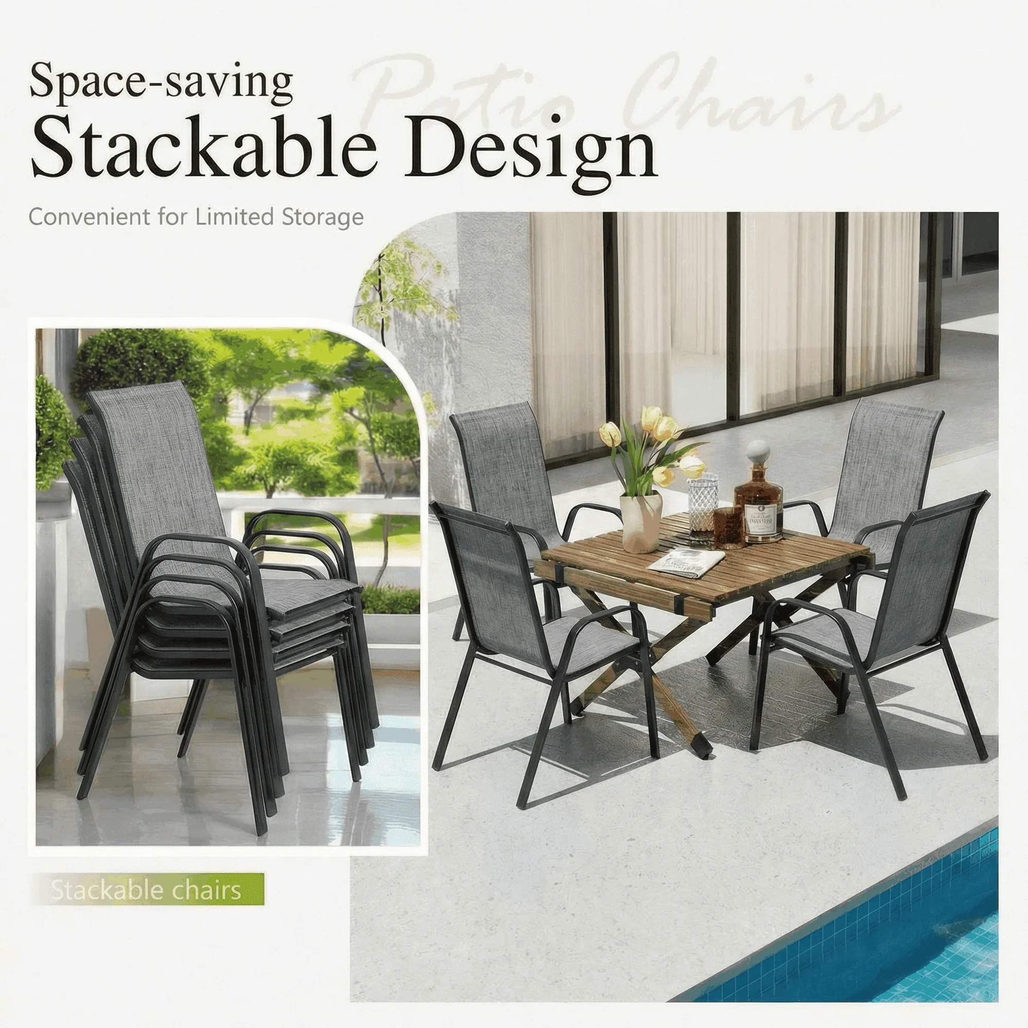 Pirecart Patio Chairs Set of 8, Outdoor Stackable Armrest Dining Chairs with Breathable Textilene Fabric and Durable Metal Frame, Gray - Image 4