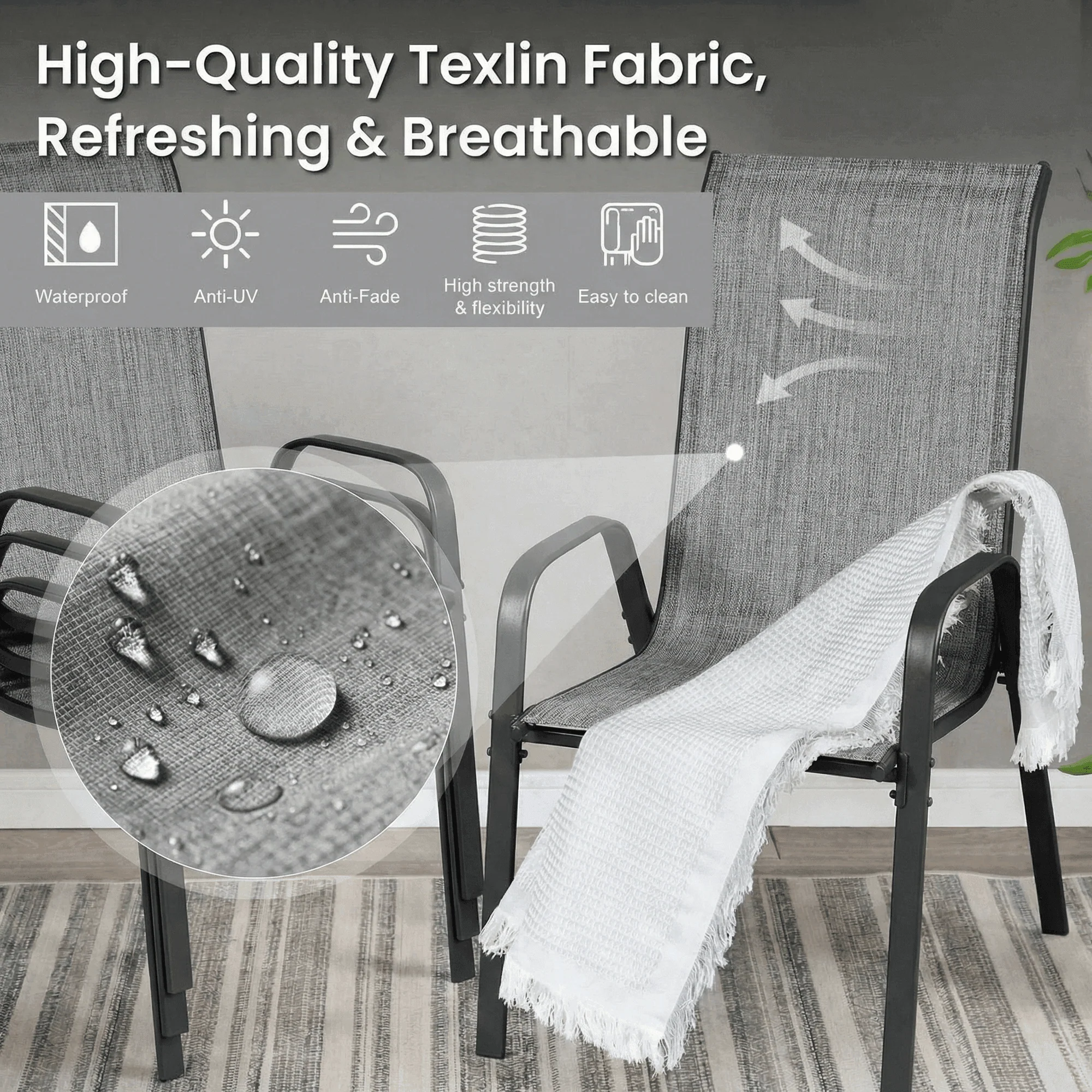 Pirecart Patio Chairs Set of 8, Outdoor Stackable Armrest Dining Chairs with Breathable Textilene Fabric and Durable Metal Frame, Gray - Image 5
