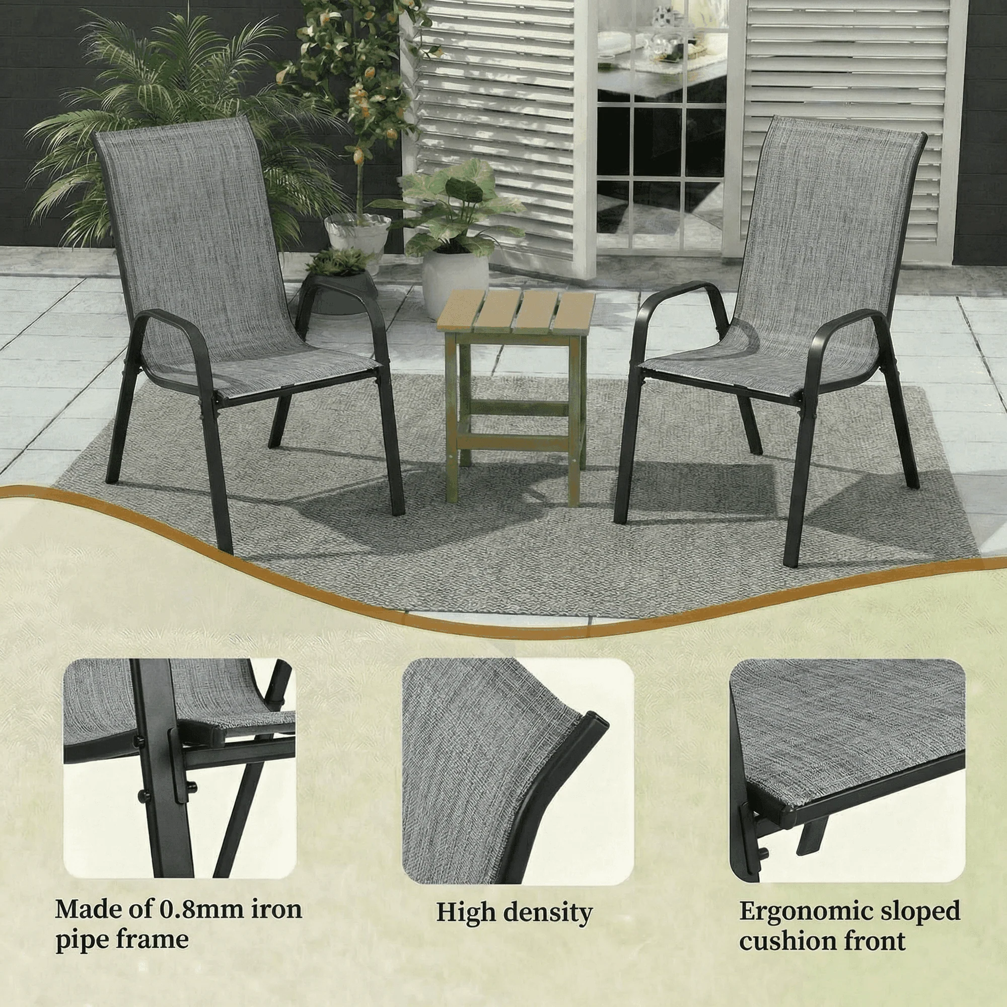Pirecart Patio Chairs Set of 8, Outdoor Stackable Armrest Dining Chairs with Breathable Textilene Fabric and Durable Metal Frame, Gray - Image 6