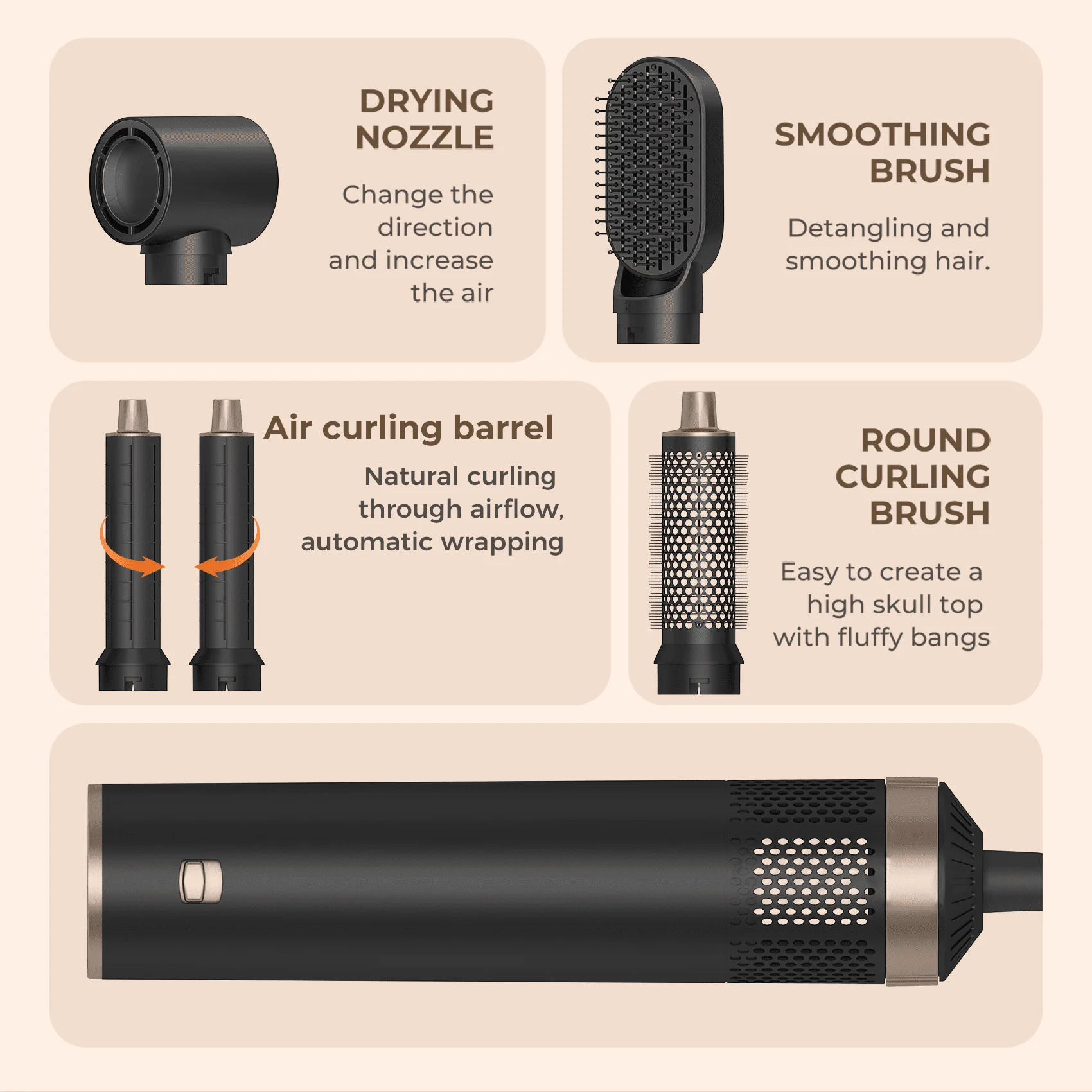 PKALQ 5 in 1 Hair Styling Tool Blow Dryer Brush with Air-Wrapping Technology, Negative Ion, Detachable Hot Air Brush - Image 5