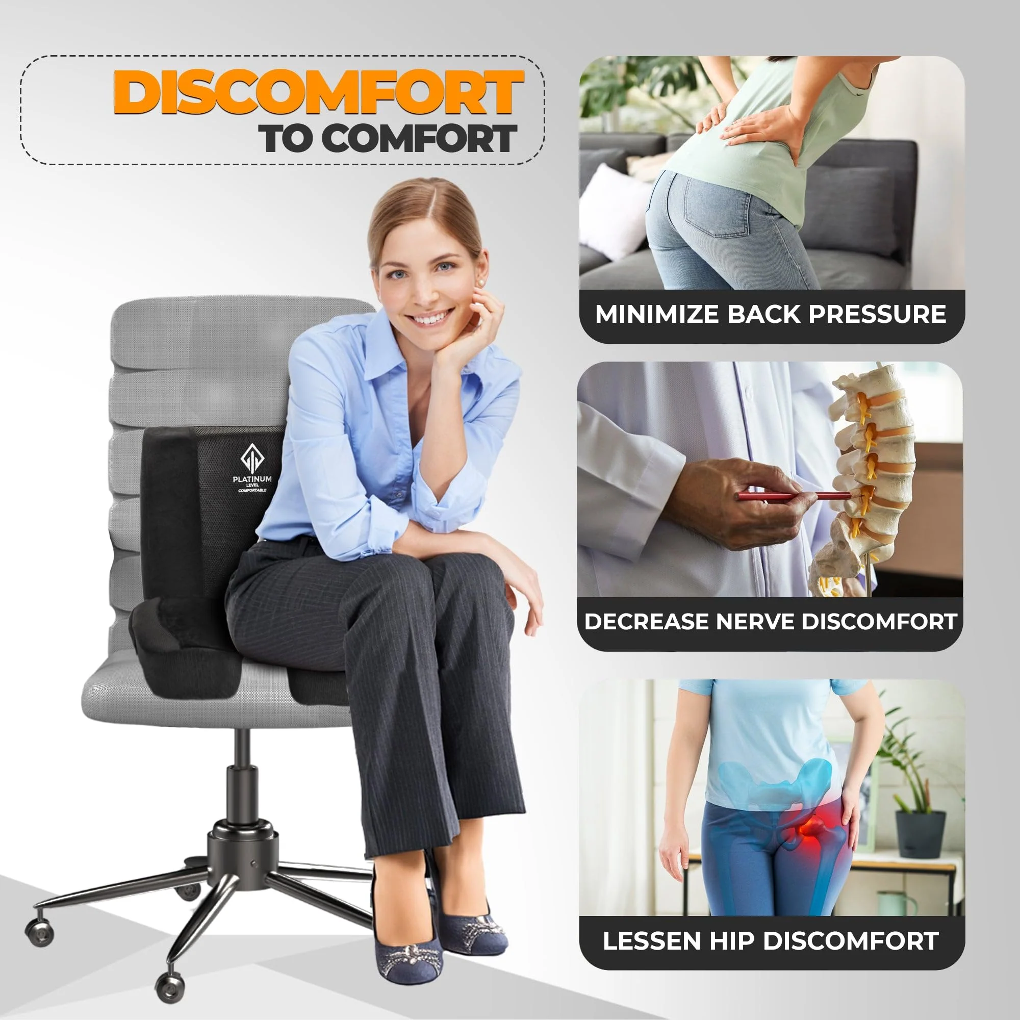 Platinum-Level Comfortable Ergonomic Memory Foam Lumbar and Seat Cushion Set, Black, PLC305216 - Image 6