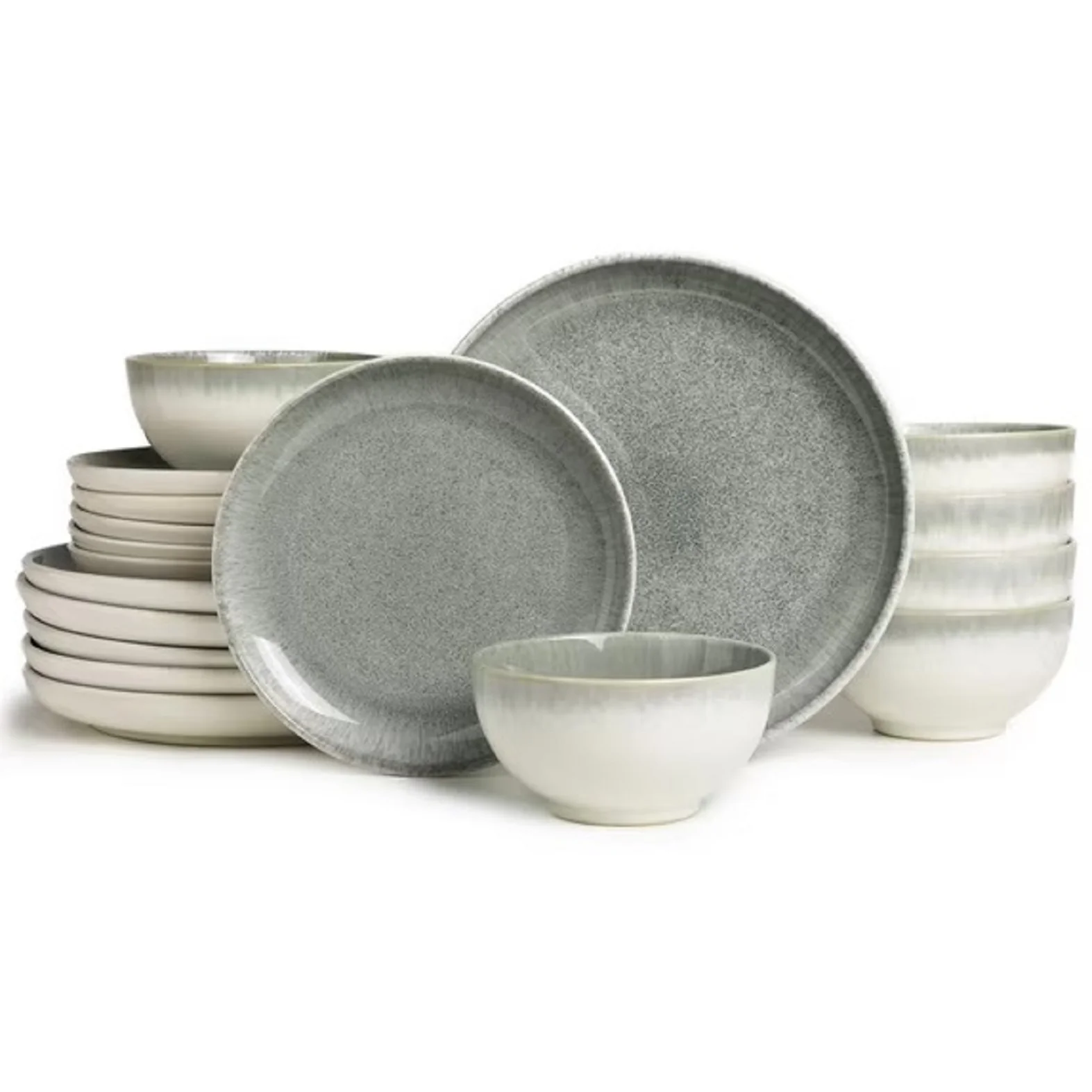 Pokini 18-Piece Stoneware Dinnerware Sets, Plates and Bowls Dish Sets for 6, Gradient Green - Image 2