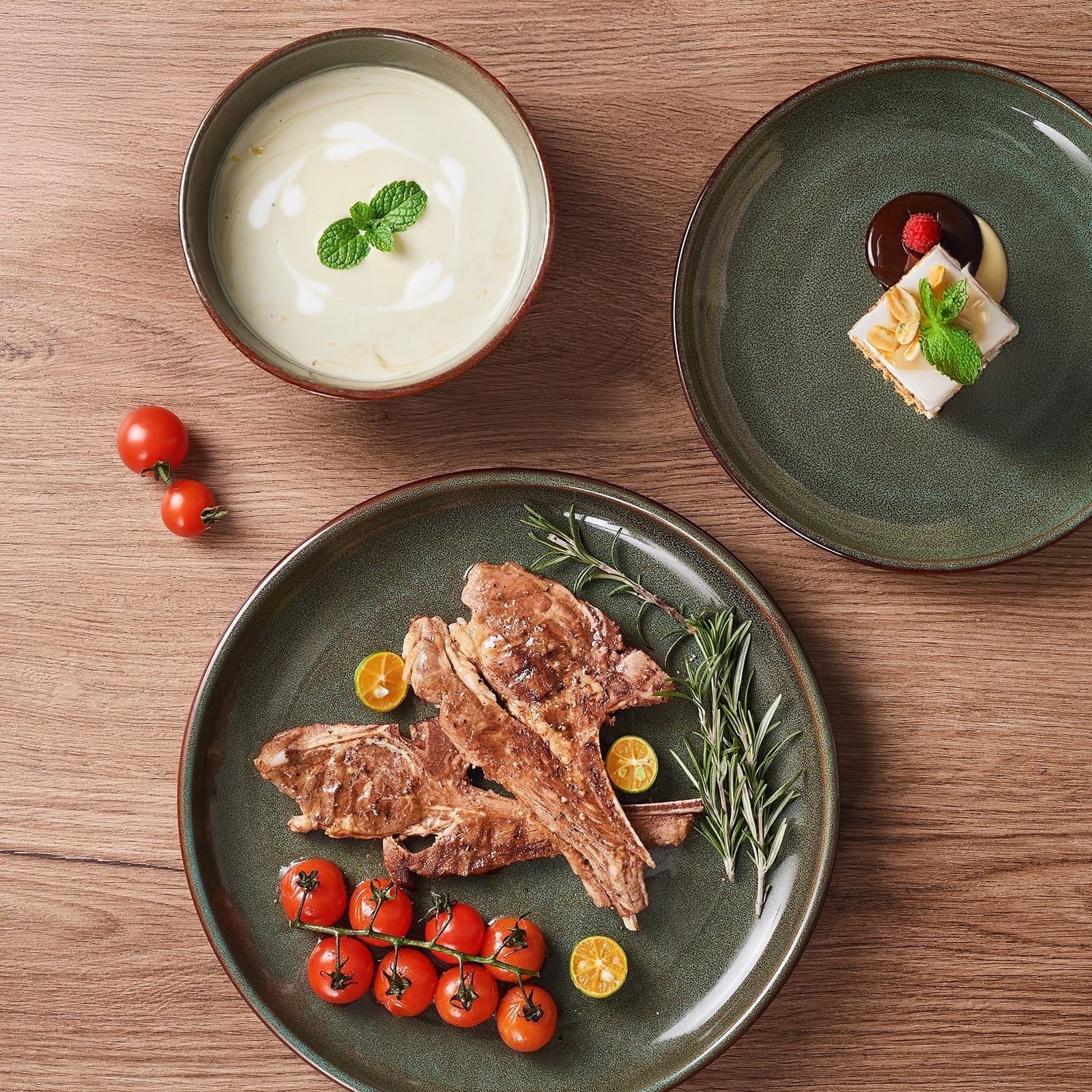 Pokini W-PTS21-C 12-Piece Stoneware Dinnerware Set with Reactive Gradient Green Glaze, Scratch-Resistant Gold Rim, Service for 4
