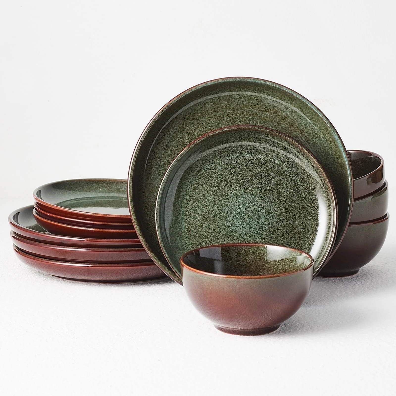 Pokini W-PTS21-C 12-Piece Stoneware Dinnerware Set with Reactive Gradient Green Glaze, Scratch-Resistant Gold Rim, Service for 4 - Image 3