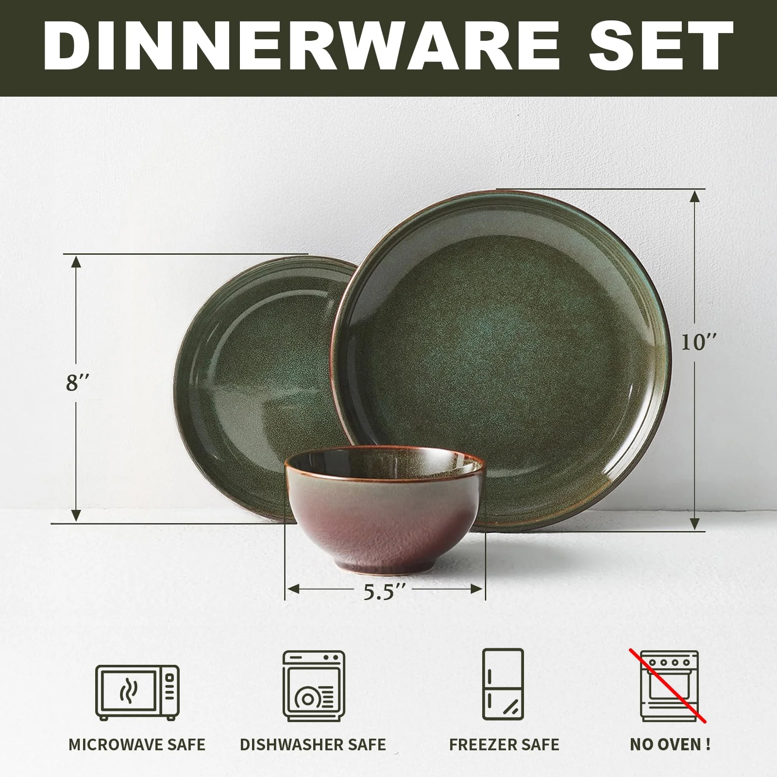 Pokini W-PTS21-C 12-Piece Stoneware Dinnerware Set with Reactive Gradient Green Glaze, Scratch-Resistant Gold Rim, Service for 4 - Image 5