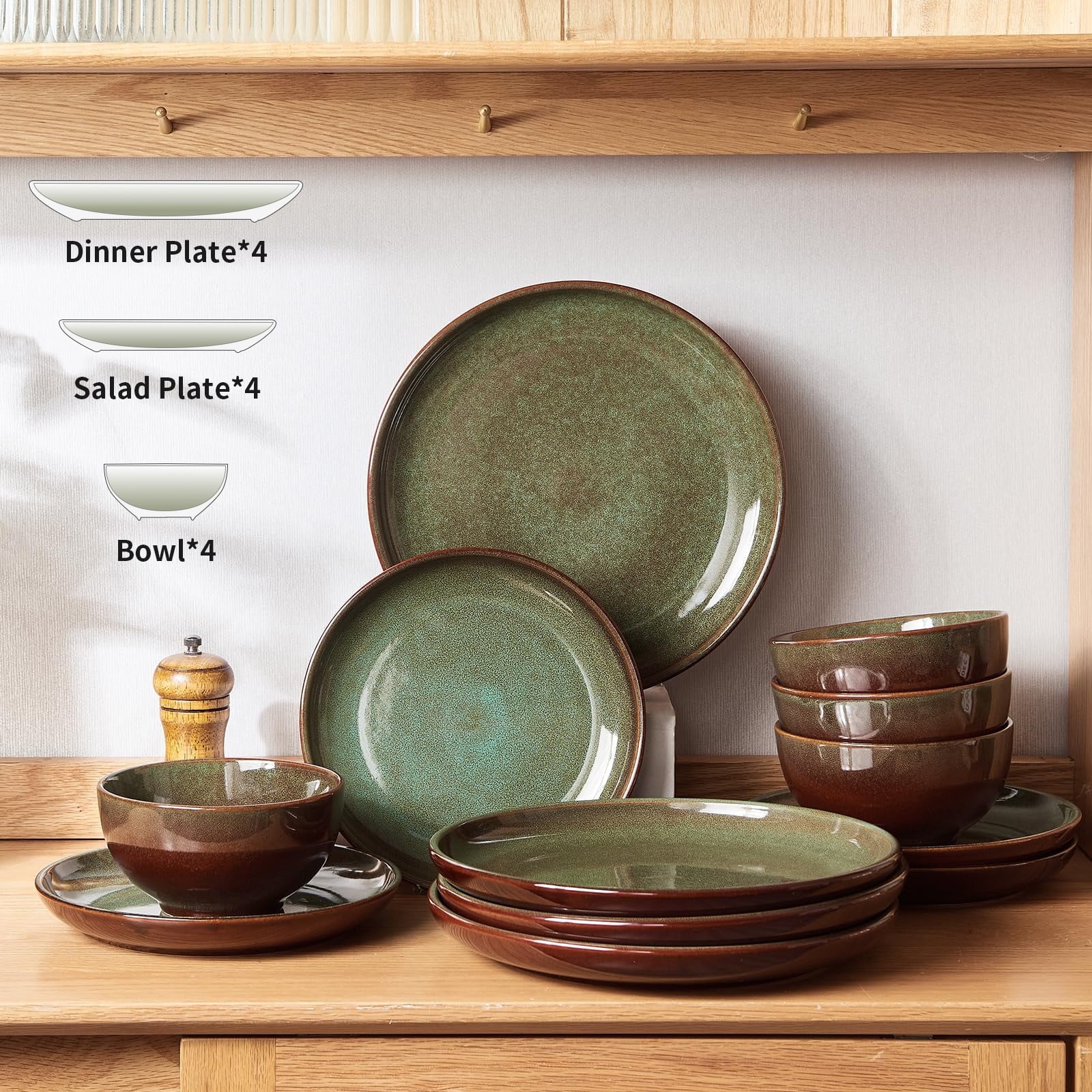 Pokini W-PTS21-C 12-Piece Stoneware Dinnerware Set with Reactive Gradient Green Glaze, Scratch-Resistant Gold Rim, Service for 4 - Image 6