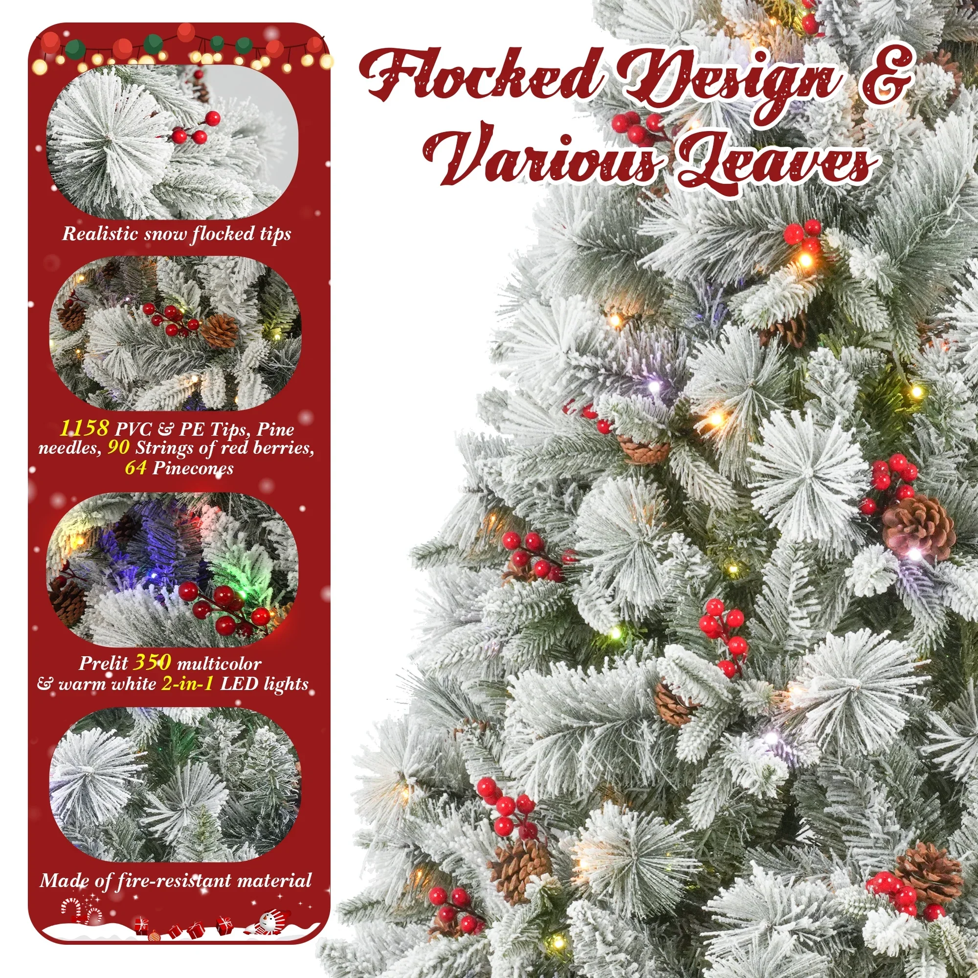 Posrue 5705W Pre-Lit Snow Flocked Christmas Tree, 7.5ft - Image 5