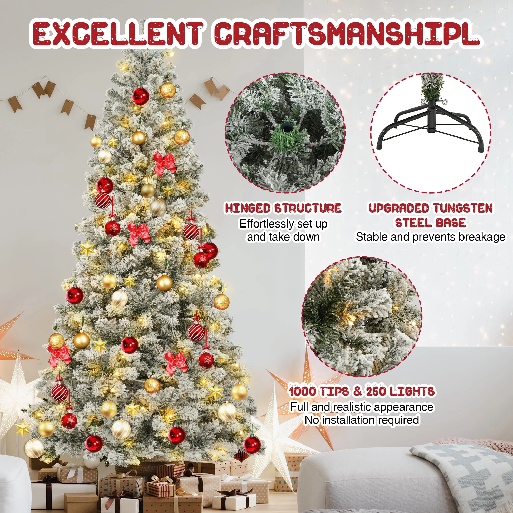Posrue QD4174W 6.5ft Pre-Lit Snow Flocked Christmas Tree with 1000 Tips 250 Warm Lights, White - Image 3