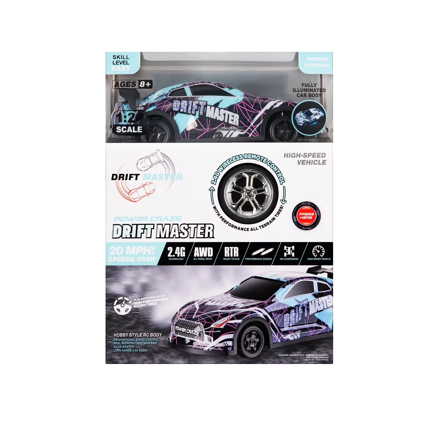 Power Craze Drift Master 1:24 Scale Drift Remote Control Car, Blue - Image 2