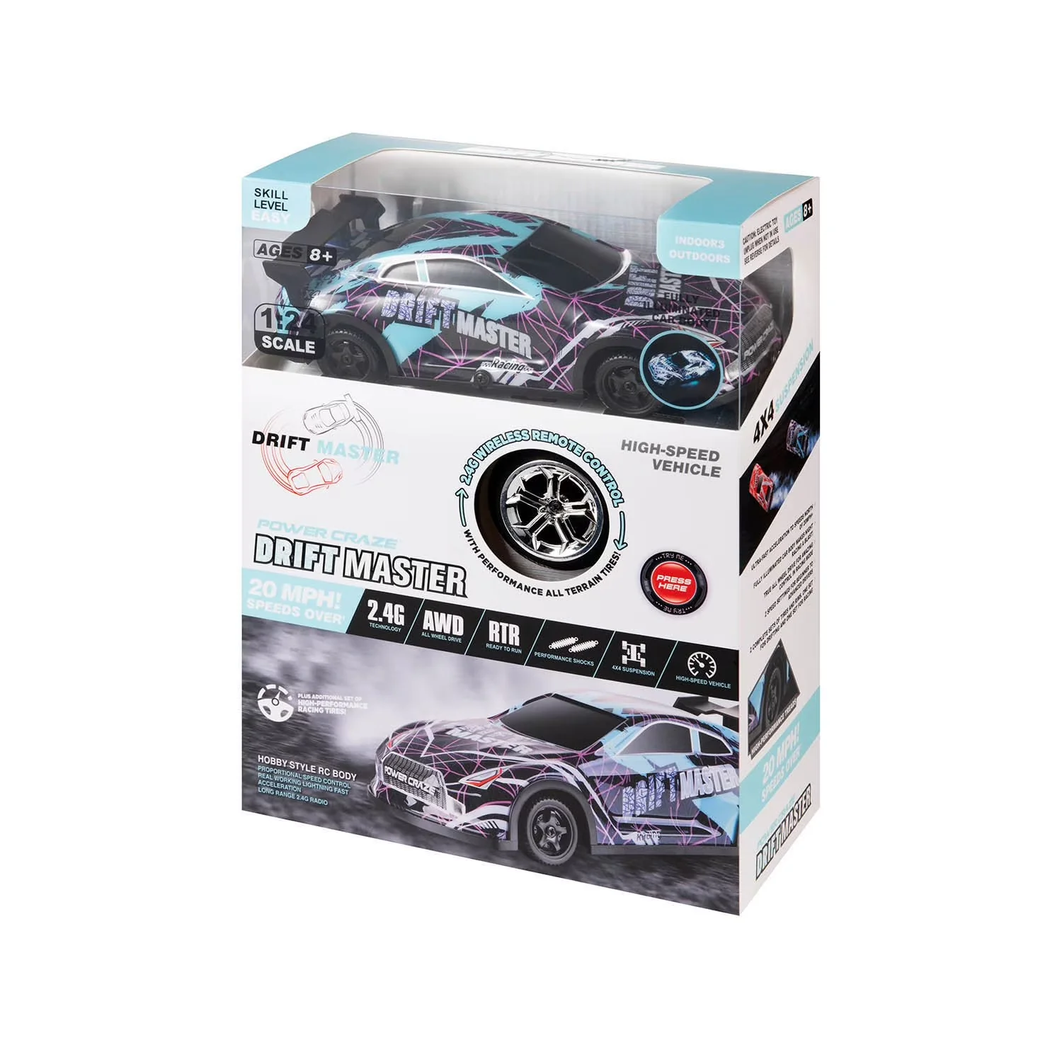 Power Craze Drift Master 1:24 Scale Drift Remote Control Car, Blue - Image 3