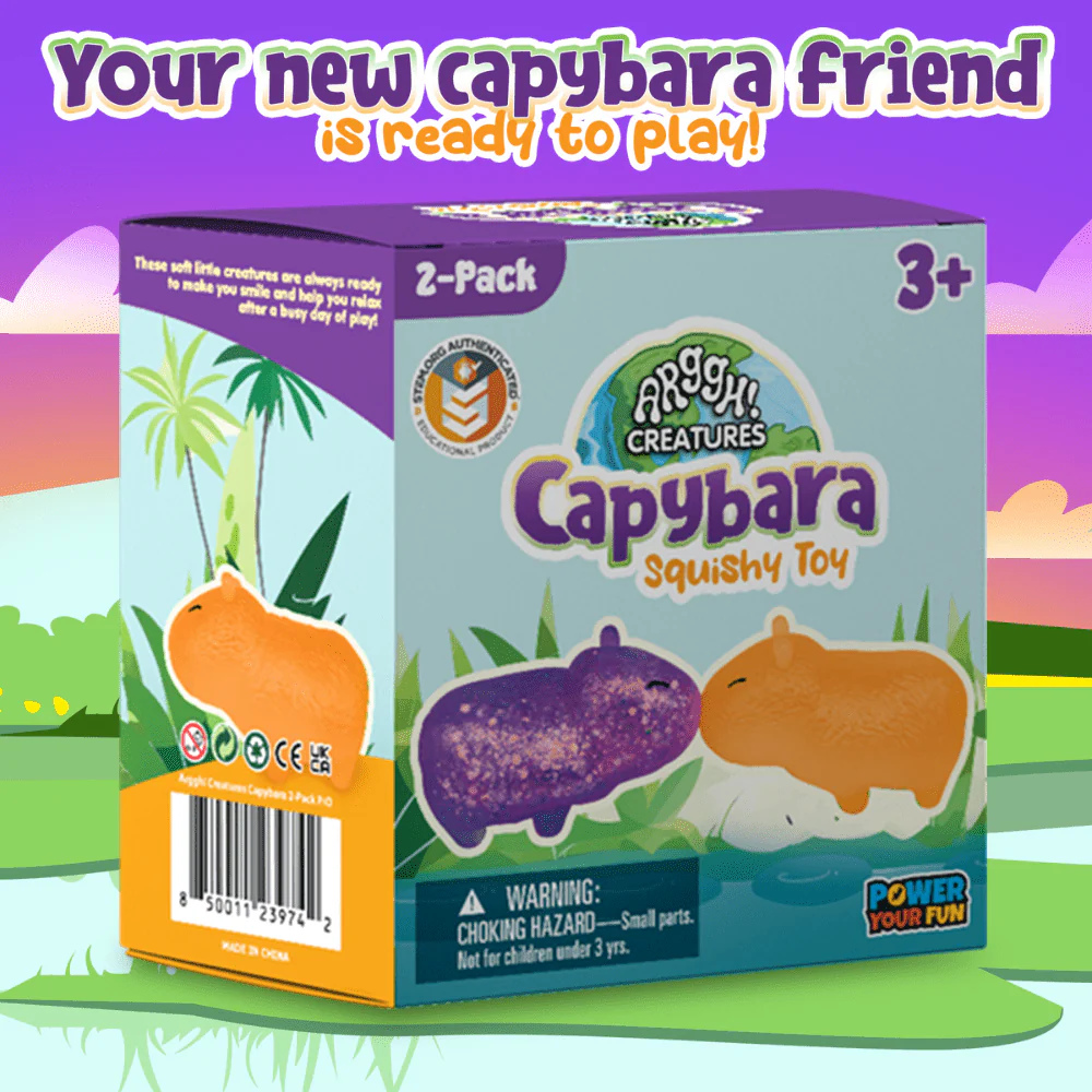 Power Your Fun A8634188 Capybara Squeeze Balls, 2-Pack, Non-Toxic Silicone and Foam Stress Relief Toys, Purple and Orange - Image 2