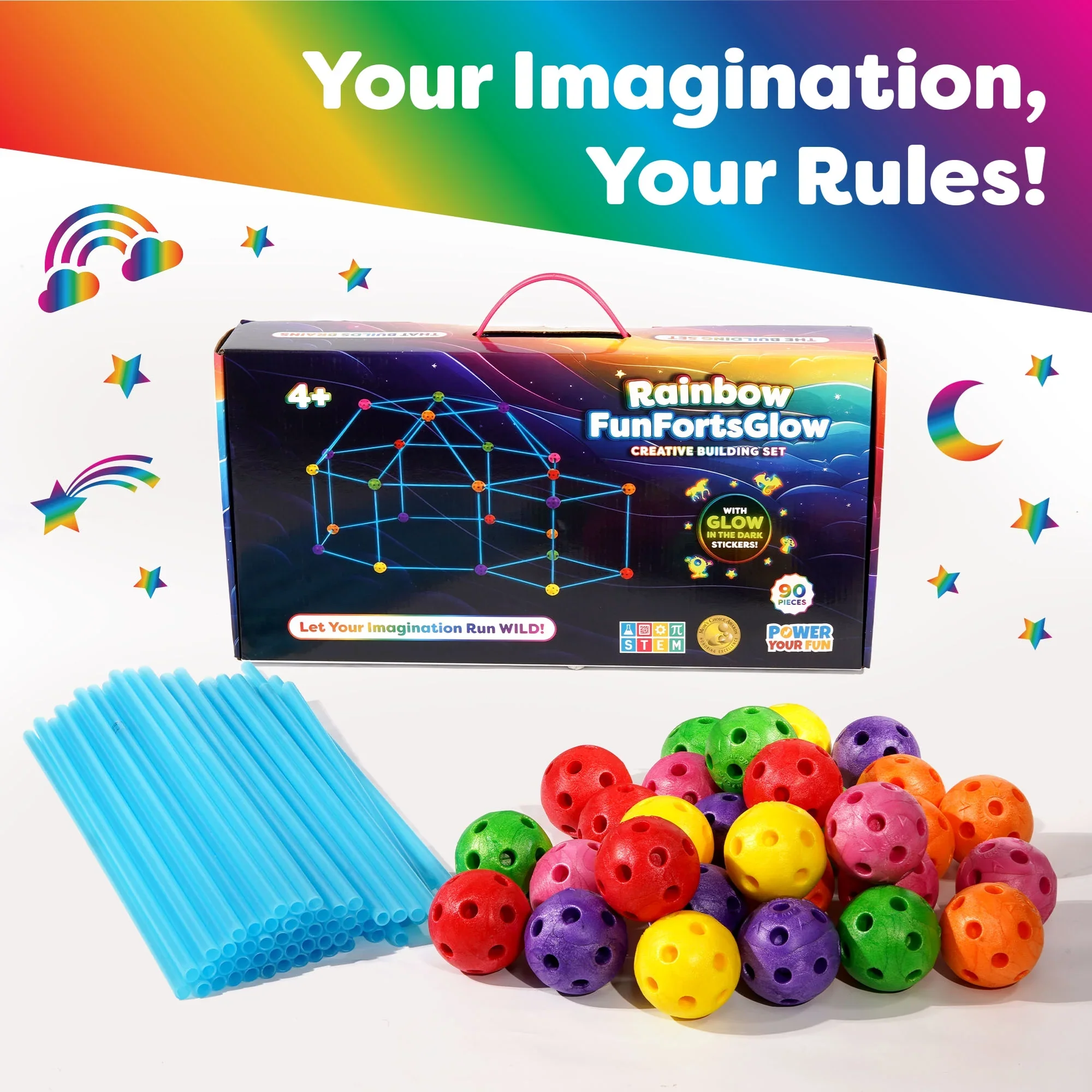 Power Your Fun Forts Construction Set, 90-Piece Glow in the Dark Building Kit with Stickers for Kids 4+ - Image 2