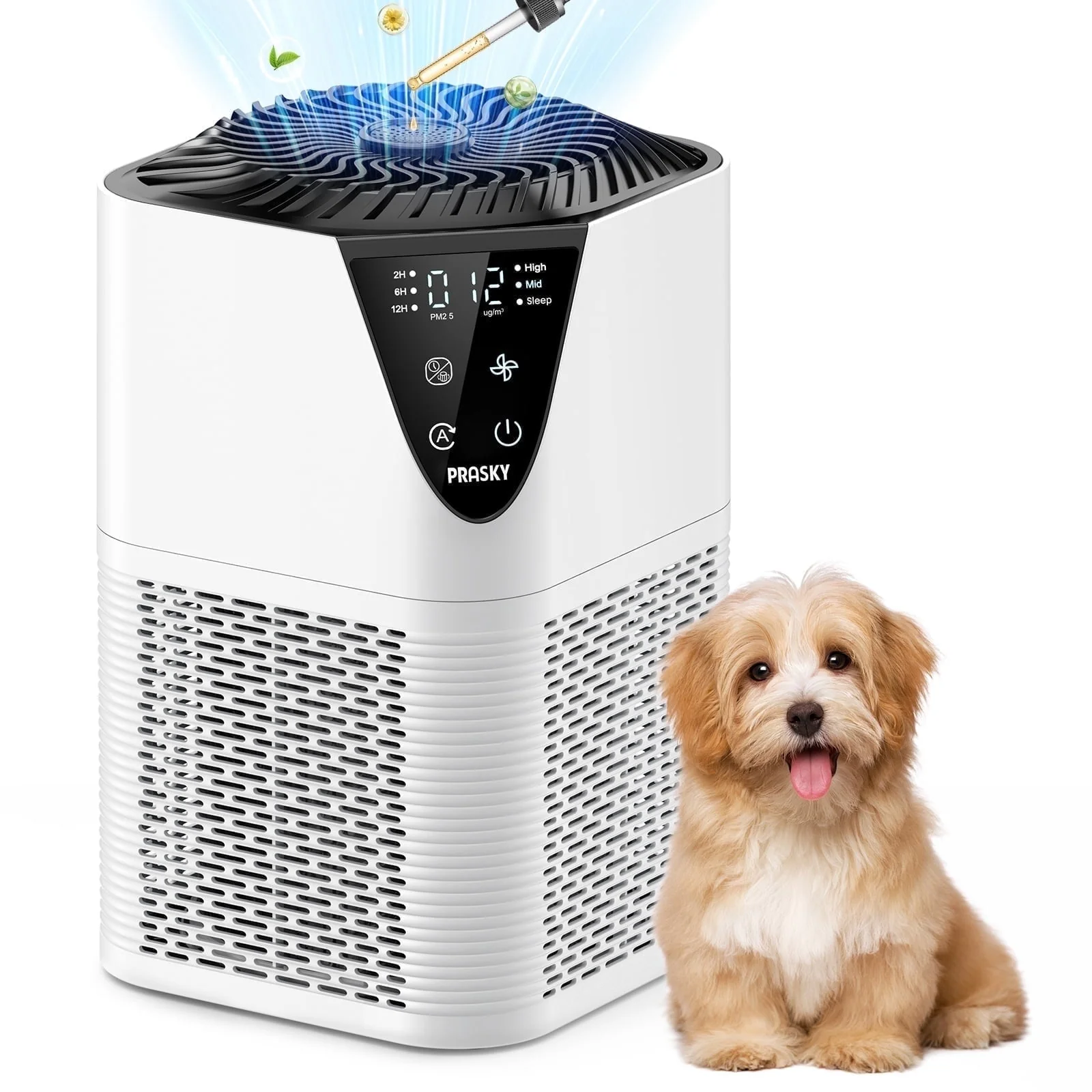 PRASKY Air Purifier with HEPA Filter, Large Room Coverage 1076 Sq Ft, 3 Speeds, Aromatherapy Pad, White, MB-025