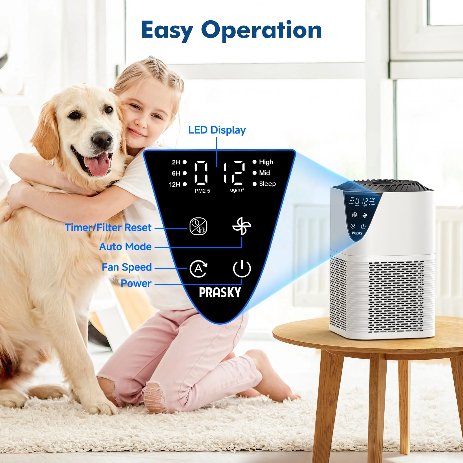 PRASKY Air Purifier with HEPA Filter, Large Room Coverage 1076 Sq Ft, 3 Speeds, Aromatherapy Pad, White, MB-025 - Image 3