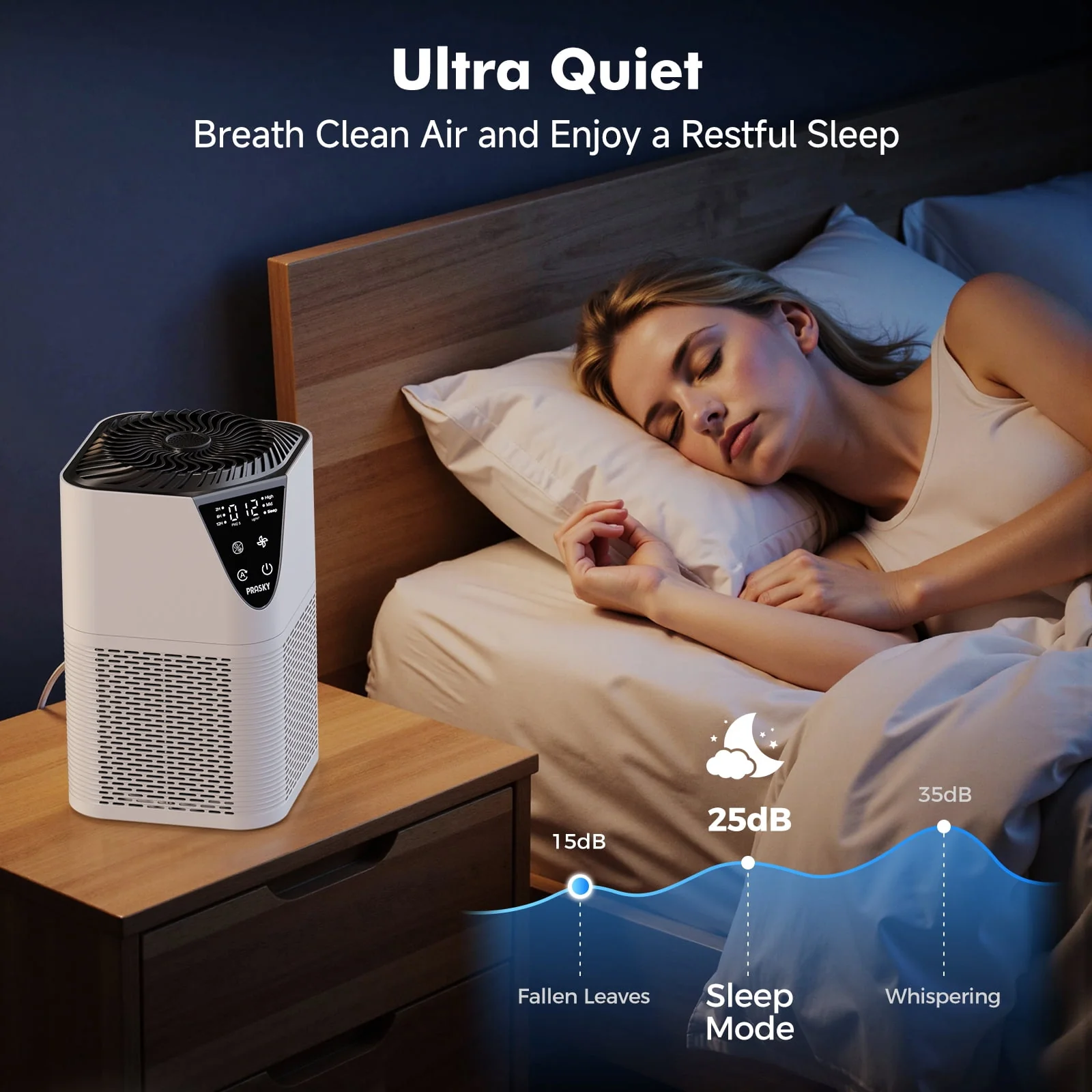 PRASKY Air Purifier with HEPA Filter, Large Room Coverage 1076 Sq Ft, 3 Speeds, Aromatherapy Pad, White, MB-025 - Image 4