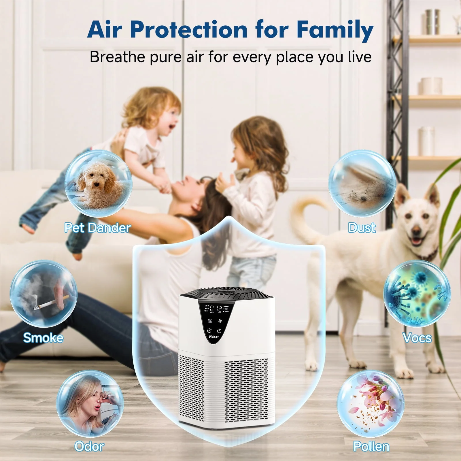 PRASKY Air Purifier with HEPA Filter, Large Room Coverage 1076 Sq Ft, 3 Speeds, Aromatherapy Pad, White, MB-025 - Image 6