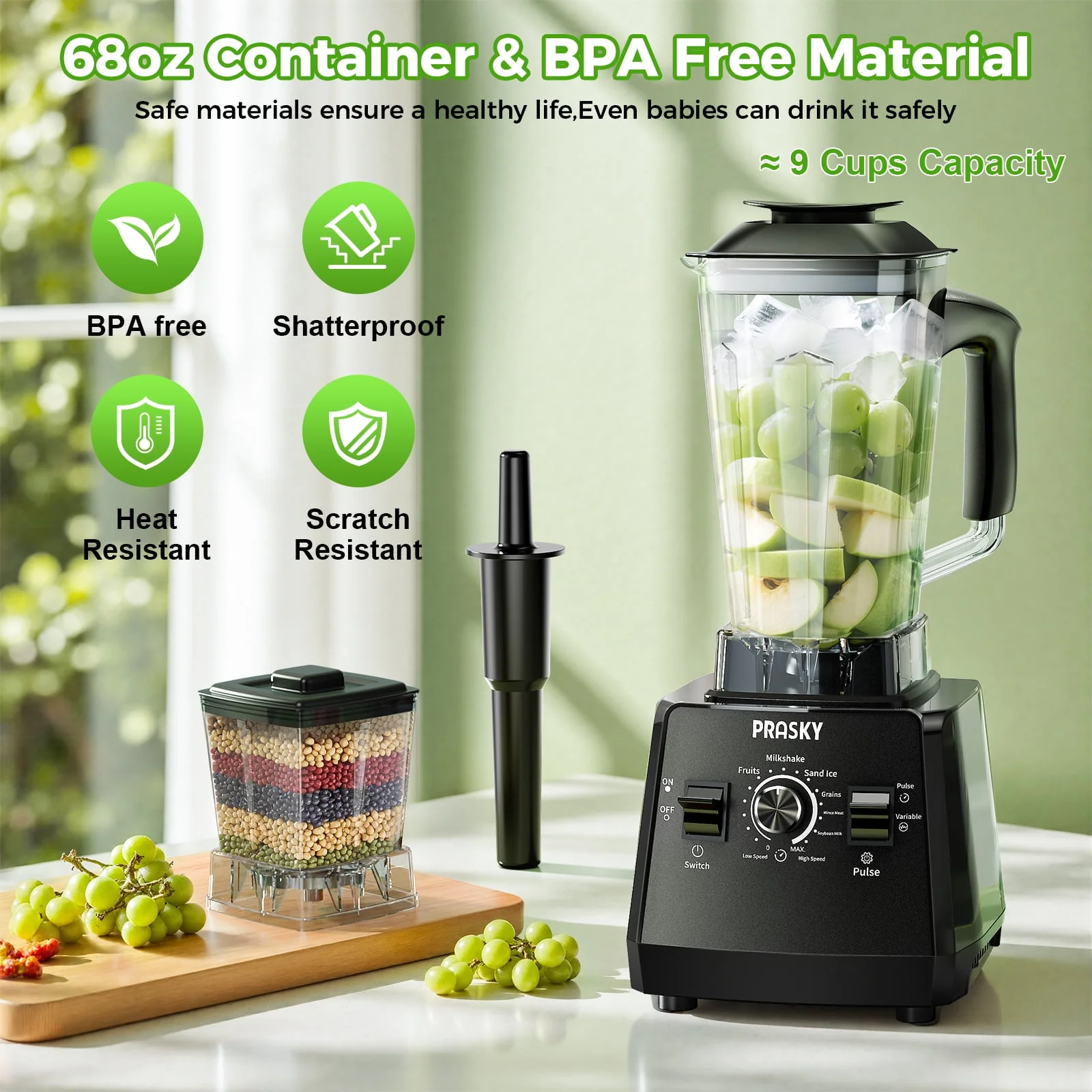 PRASKY BK688 68oz Capacity 1000W 6 Speeds Countertop Blender, Black - Image 3