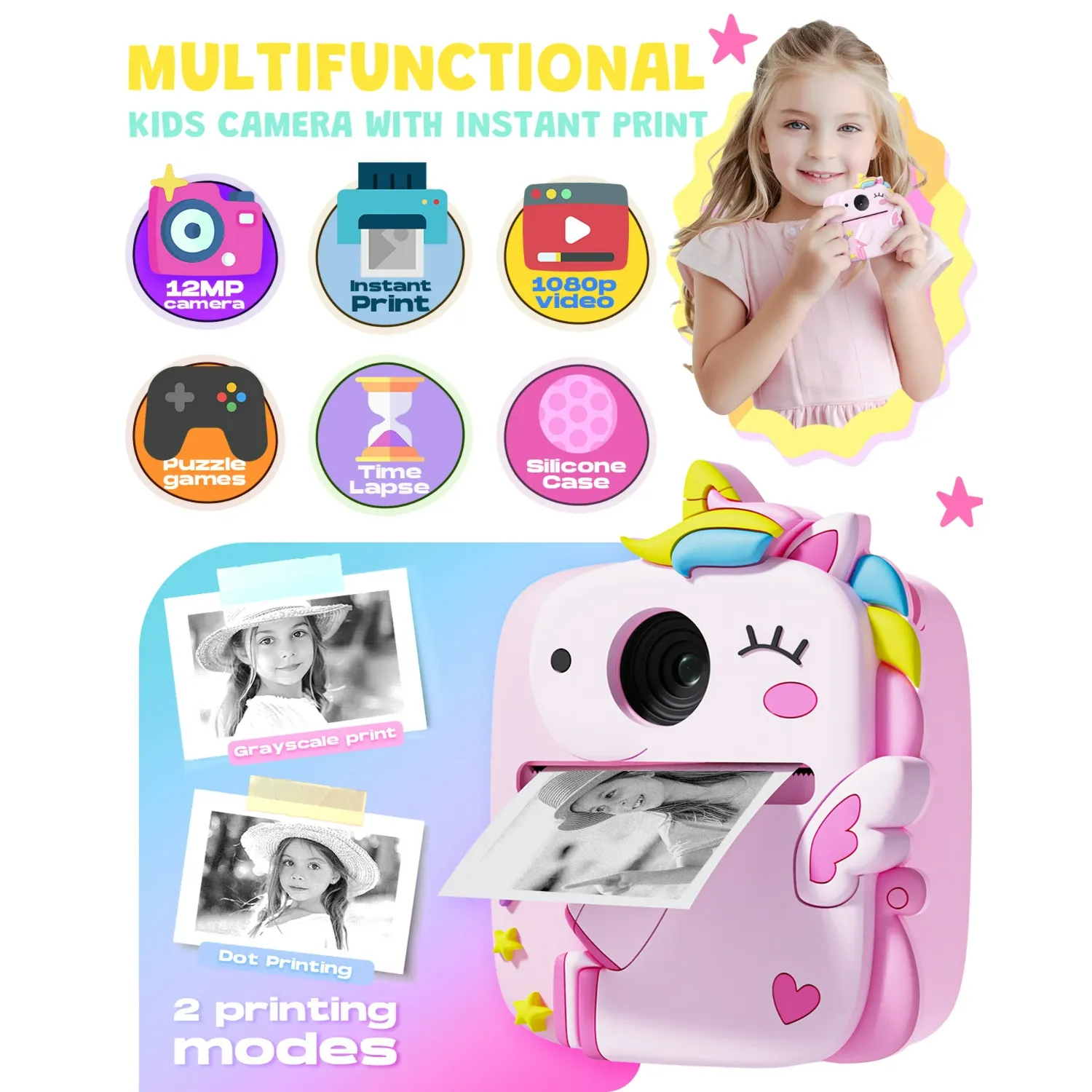 Prysyed Upgrade Kids Instant Digital Camera, 12MP Photos, 1080P HD Video, Thermal Instant Print, Pink - Image 2