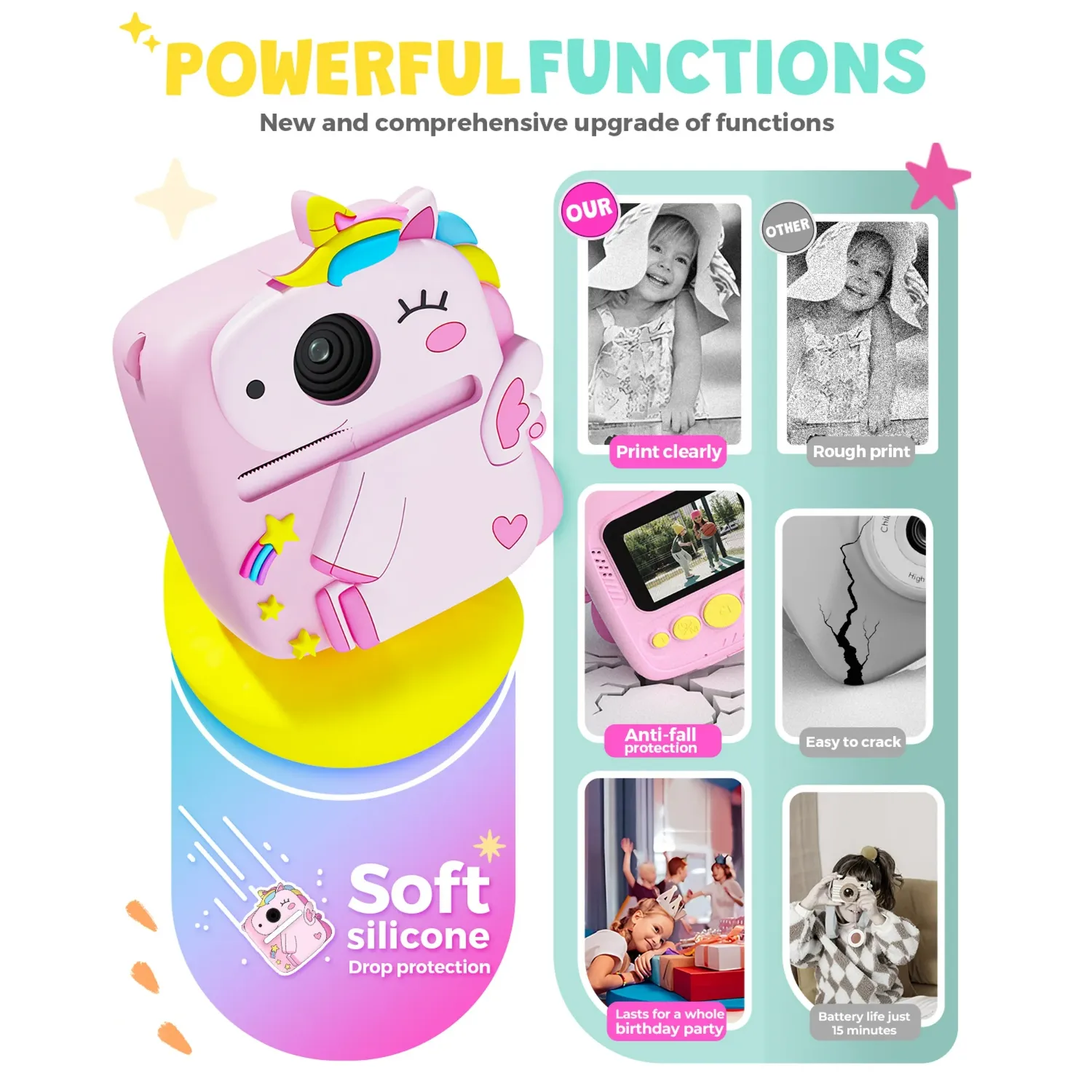 Prysyed Upgrade Kids Instant Digital Camera, 12MP Photos, 1080P HD Video, Thermal Instant Print, Pink - Image 3
