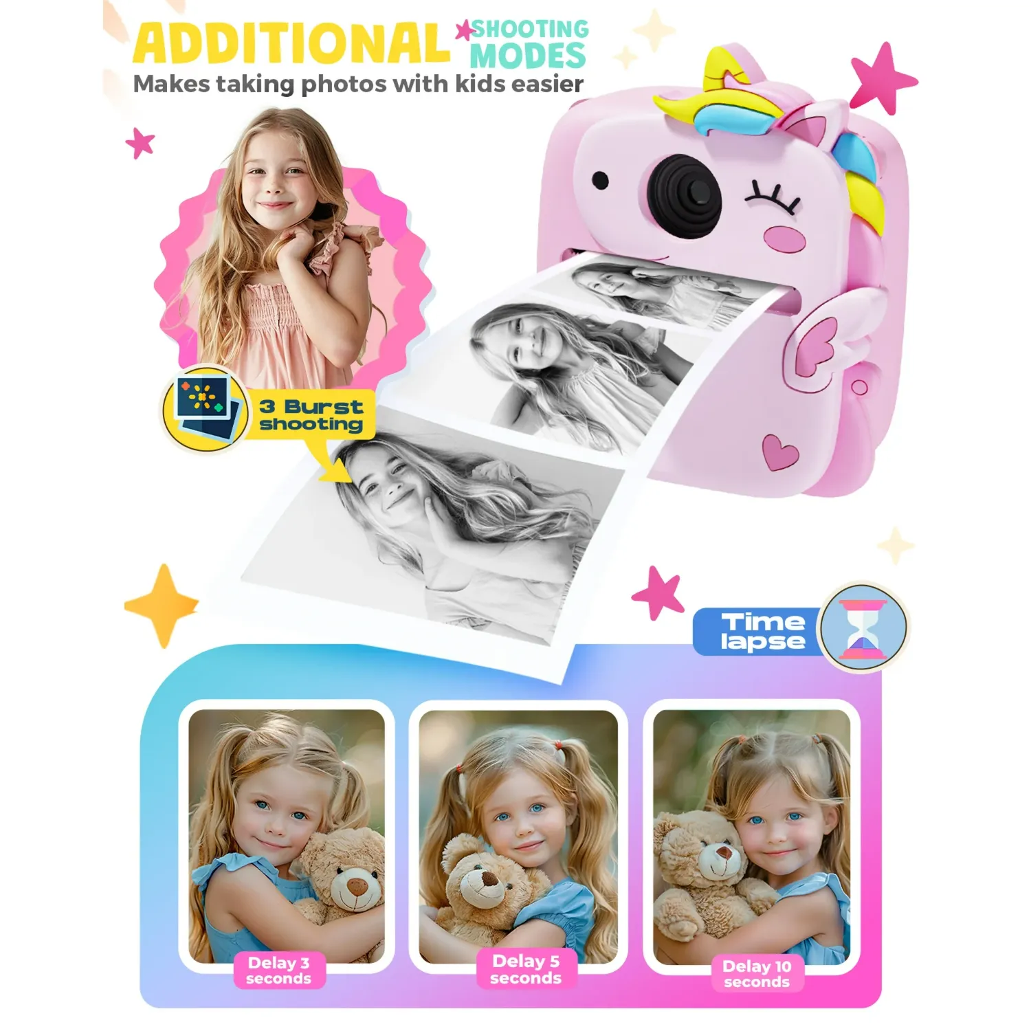 Prysyed Upgrade Kids Instant Digital Camera, 12MP Photos, 1080P HD Video, Thermal Instant Print, Pink - Image 6